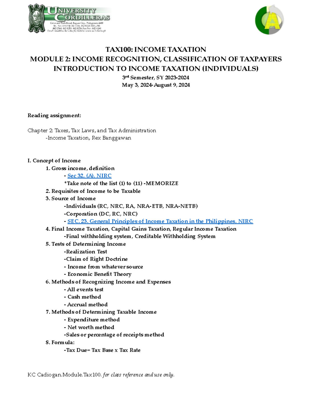MO2 - KC Cadiogan.Module. for class reference and use only. TAX100 ...