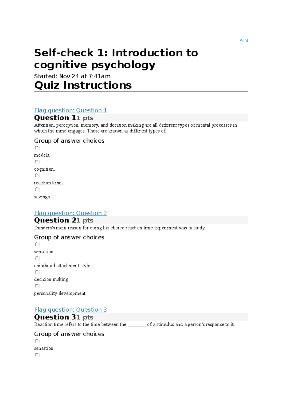 PSY2000 6 Quizzes 1 Introduction to cognitive psychology Print Self