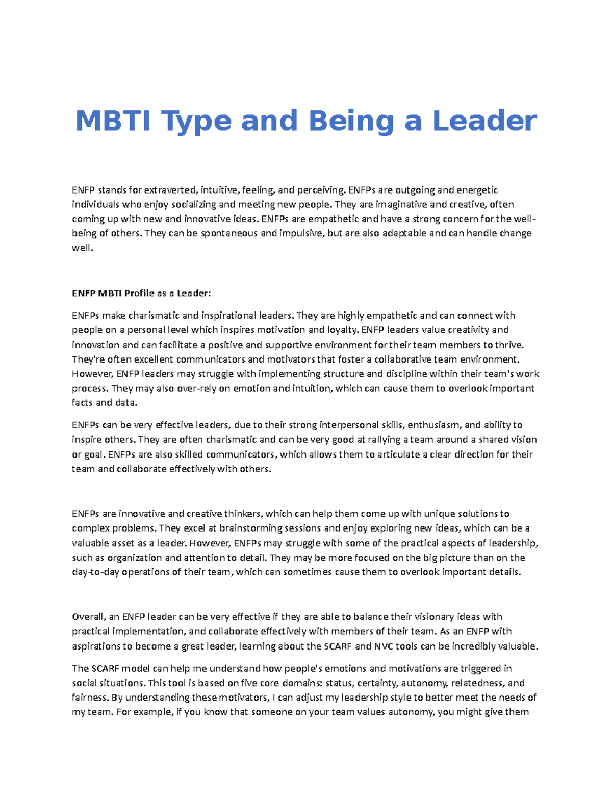 MBTI ENFP (Extraversion, Intuition, Feeling, Perceiving) Learning