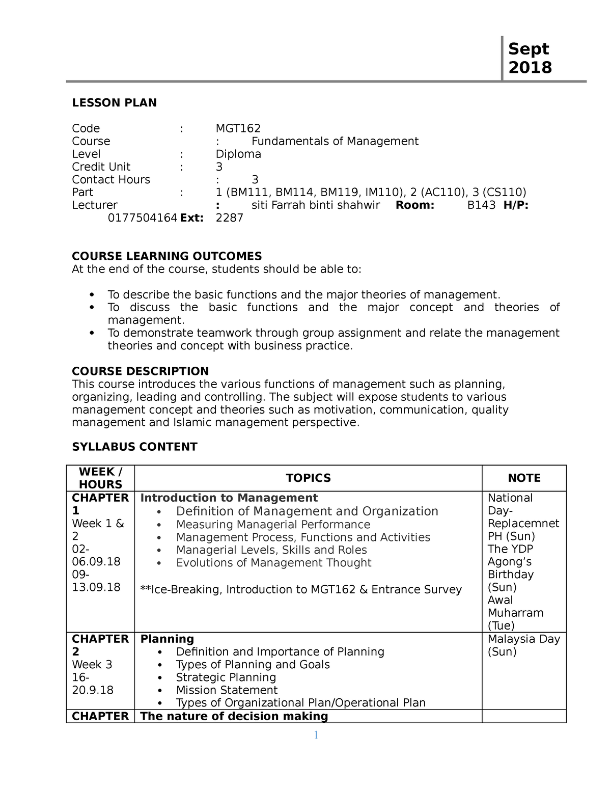 Lesson Plan MGT162 Sept 2018 Uitm Aaaaaaaaaaaaaaa - Sept 2018 LESSON ...