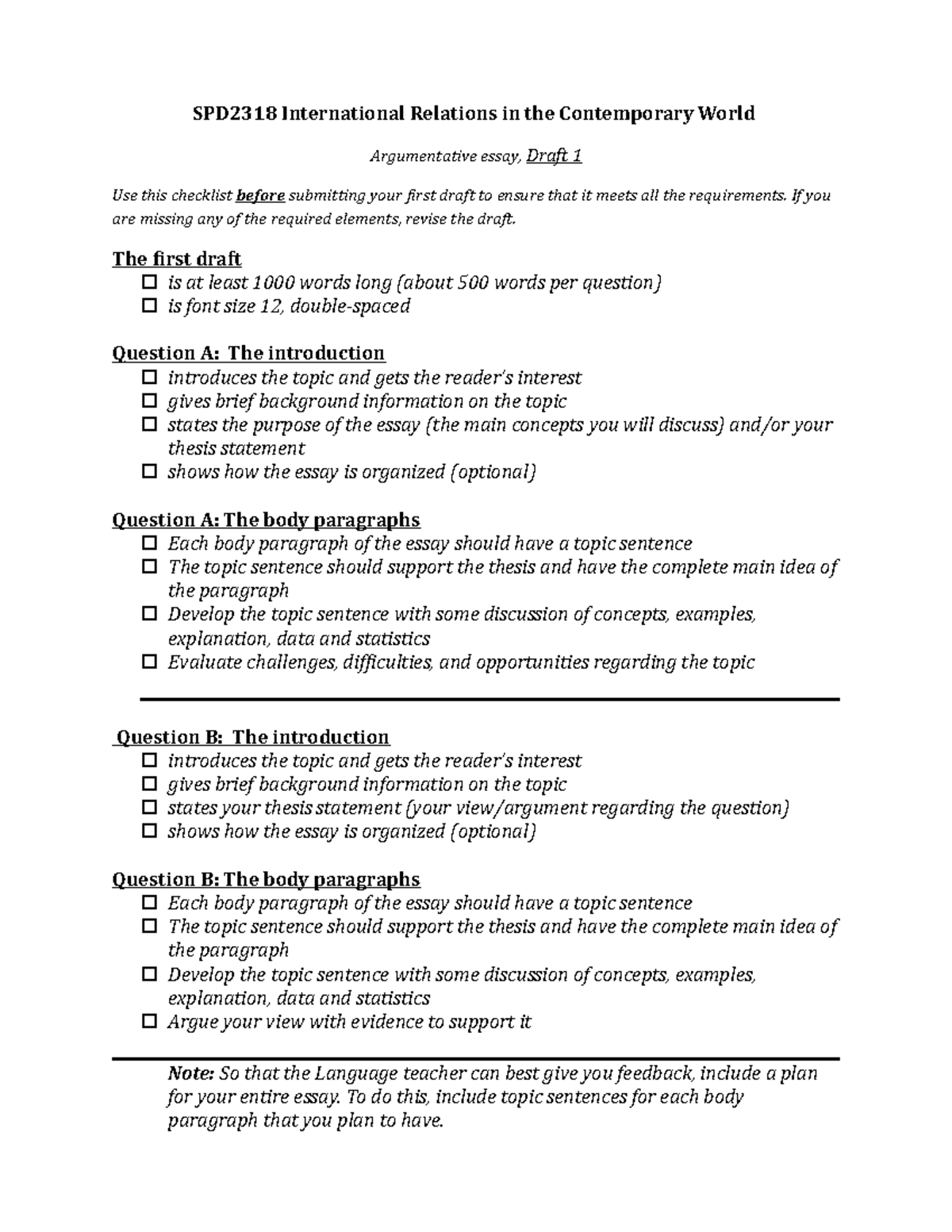 SPD2318 Checklist for First Draft - SPD2318 International Relations in ...
