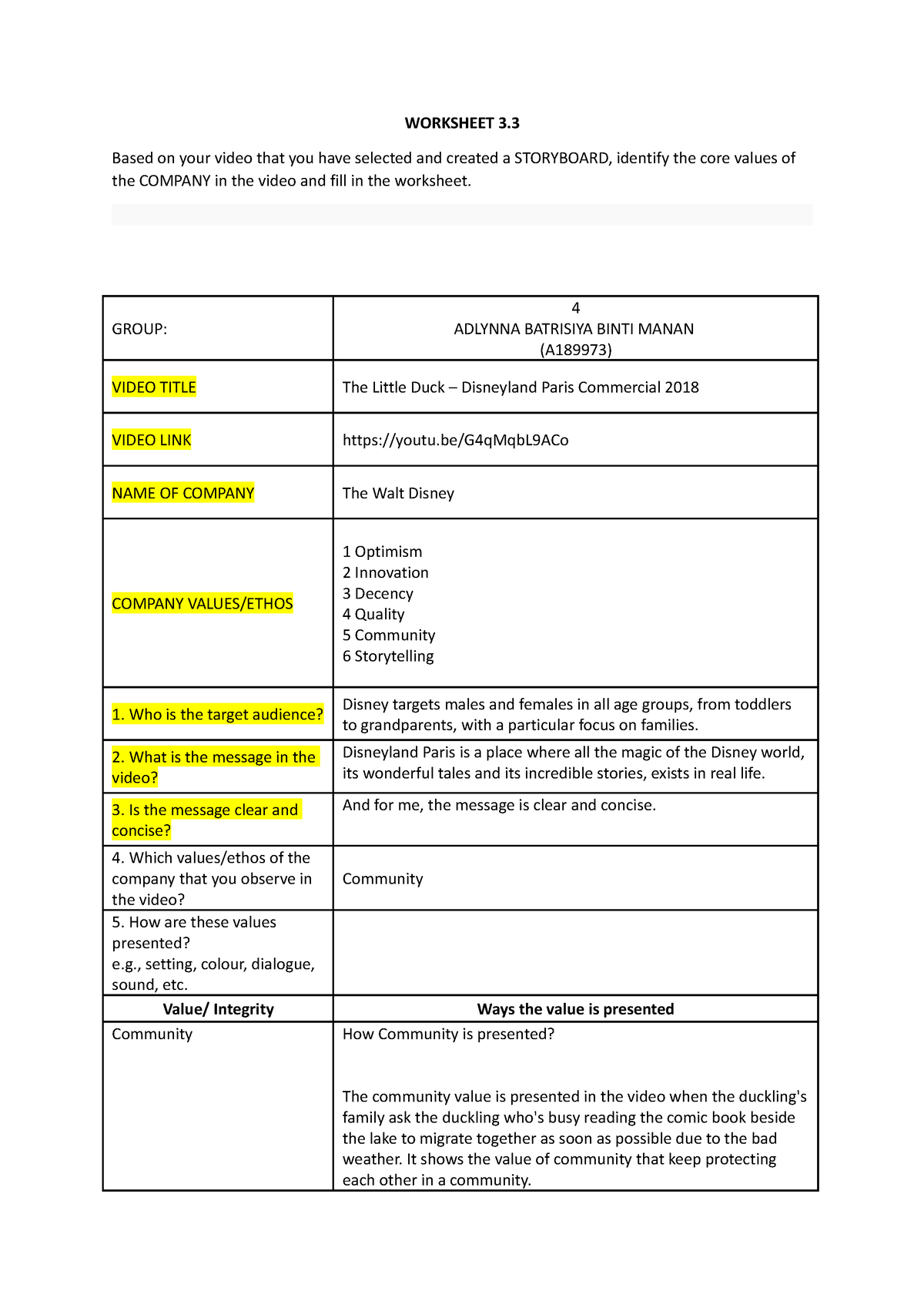 Worksheet 3 - WORKSHEET 3. Based on your video that you have selected ...