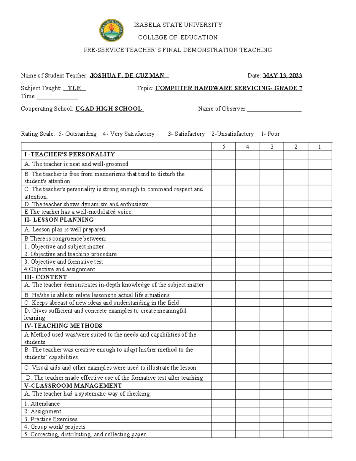 DEMO- Teaching- Score- Sheet-1 (1) - ISABELA STATE UNIVERSITY COLLEGE ...