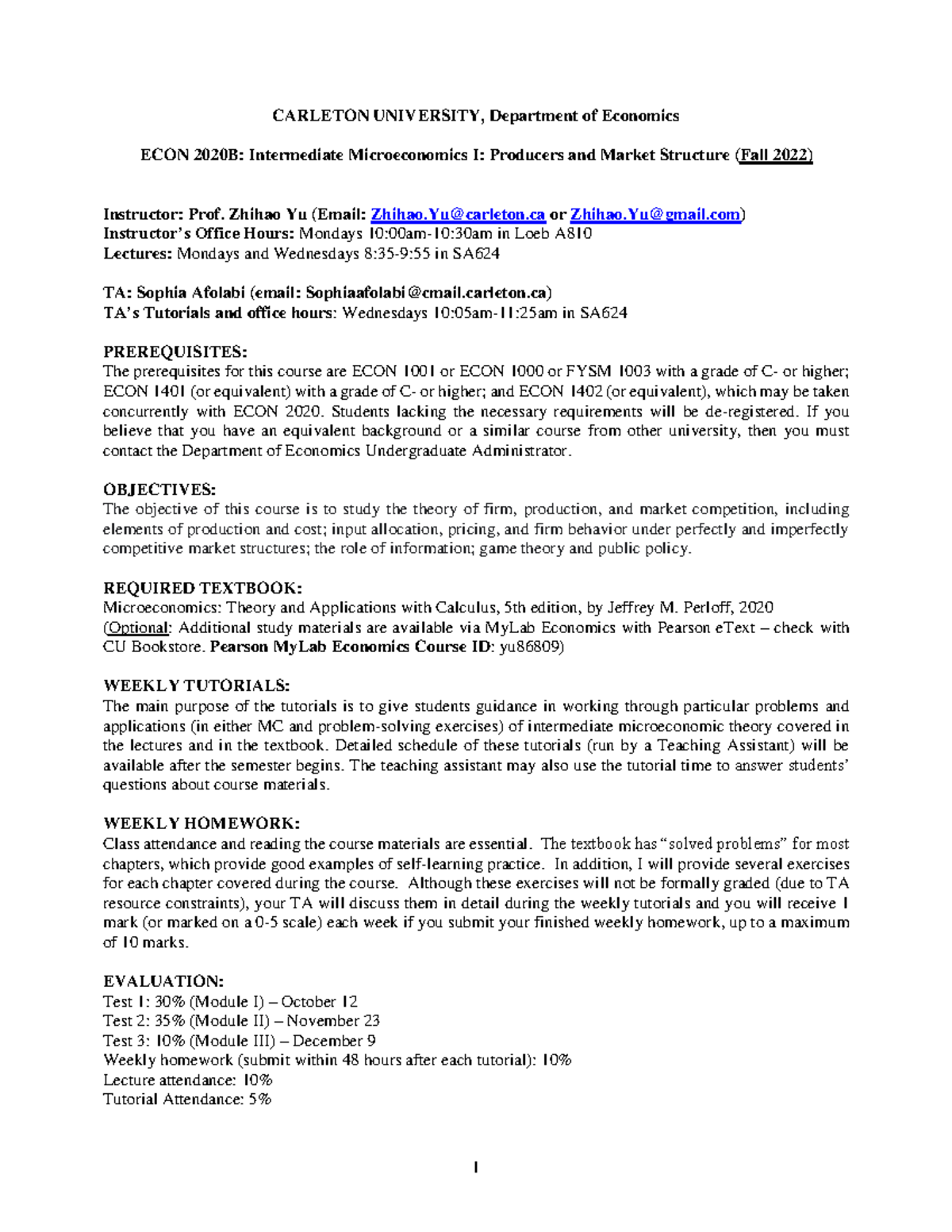 Econ-2020b-yu-22f-outline - 1 CARLETON UNIVERSITY, Department Of ...