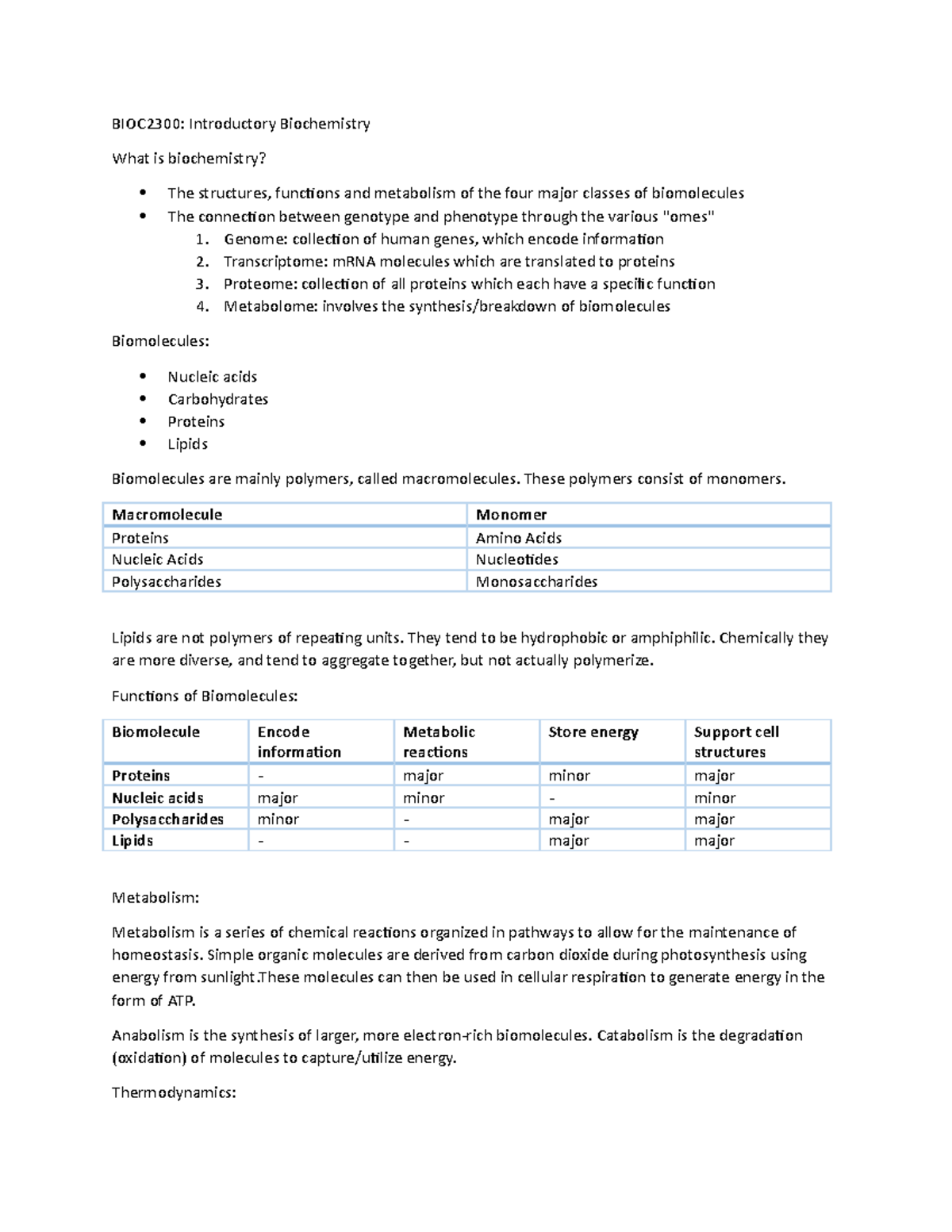 Biochemistry - Lecture Notes All - Bioc2300: Introductory Biochemistry 