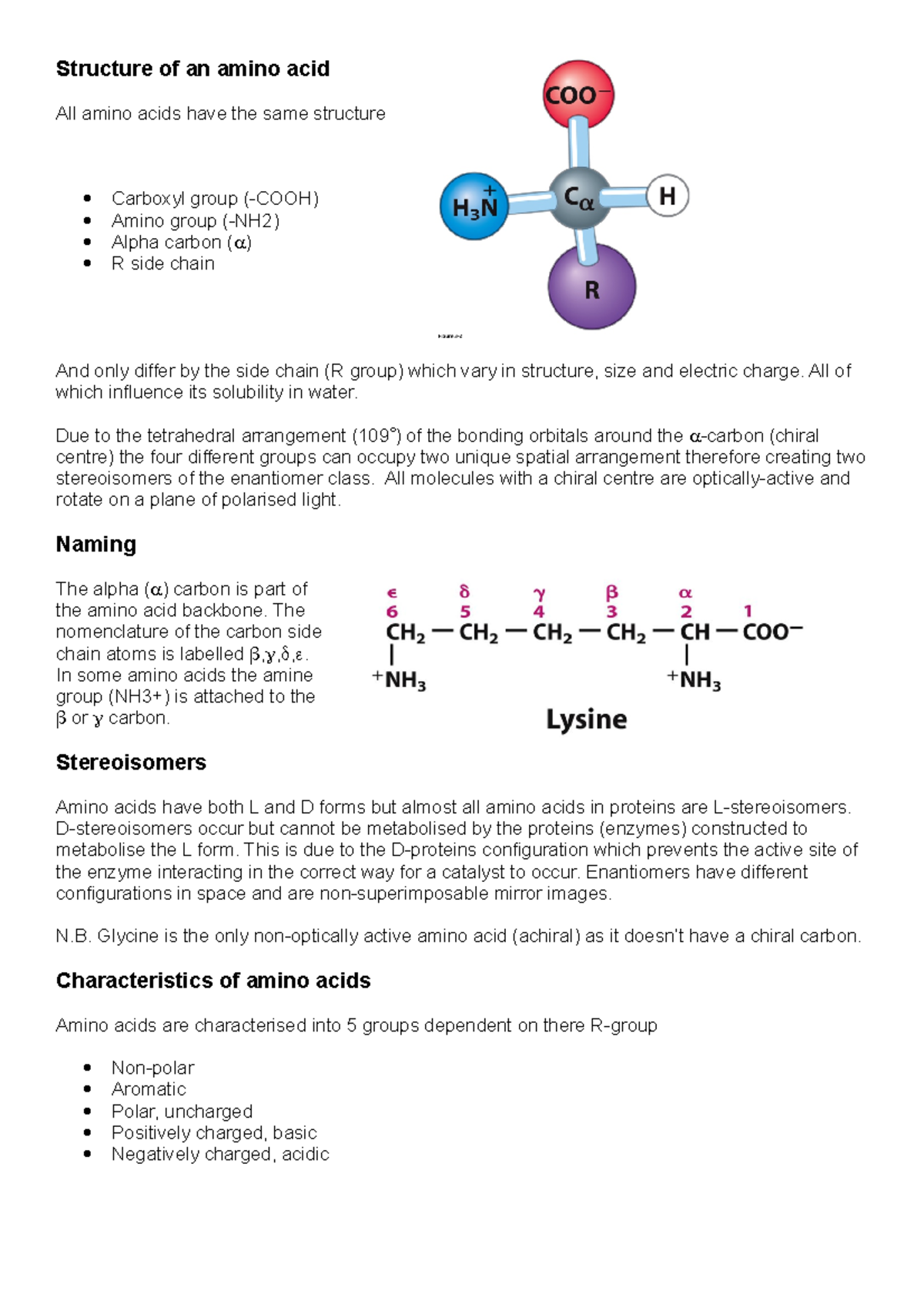 Topic 3 amino acids - Summary notes - Structure of an amino acid All ...