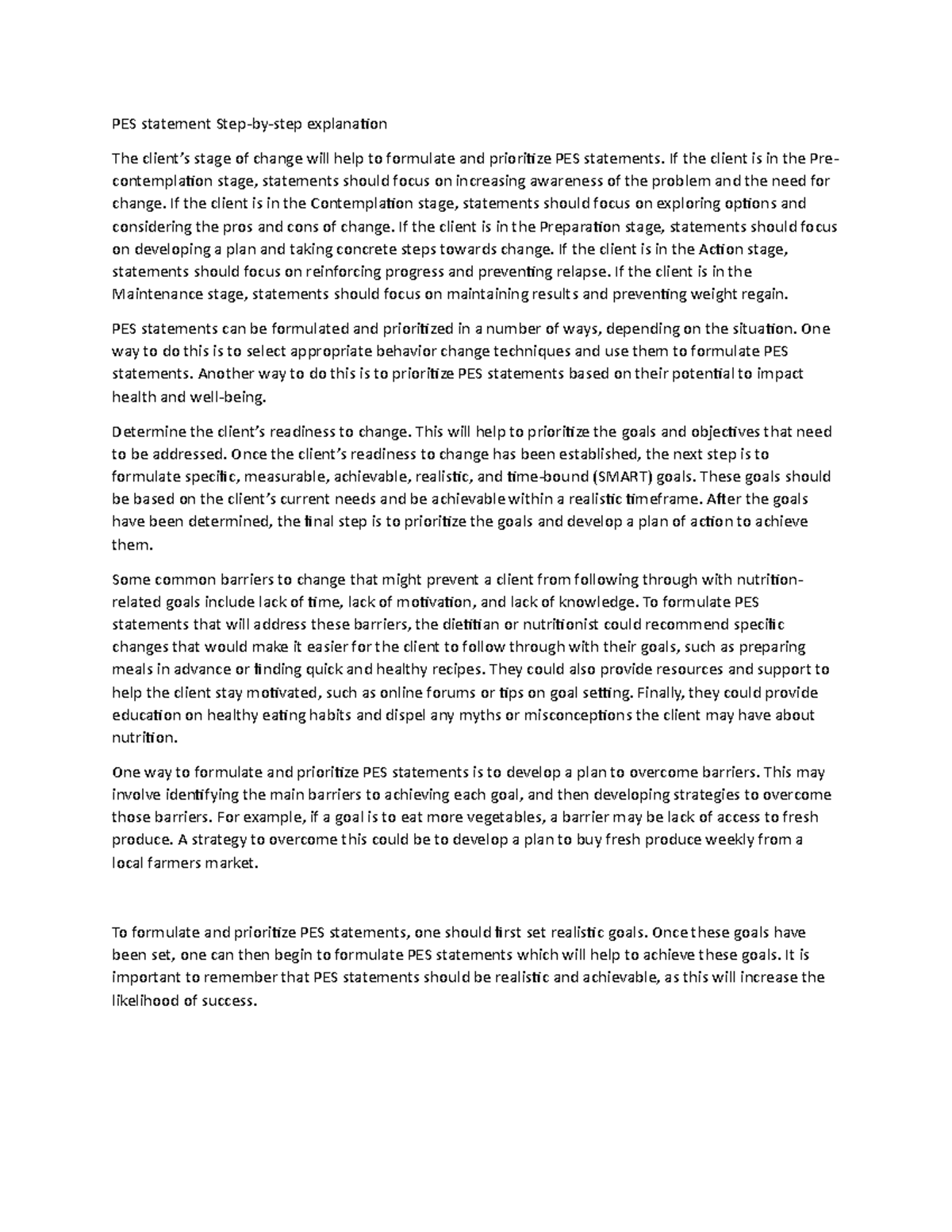 PES Statement - If the client is in the Pre- contemplation stage ...