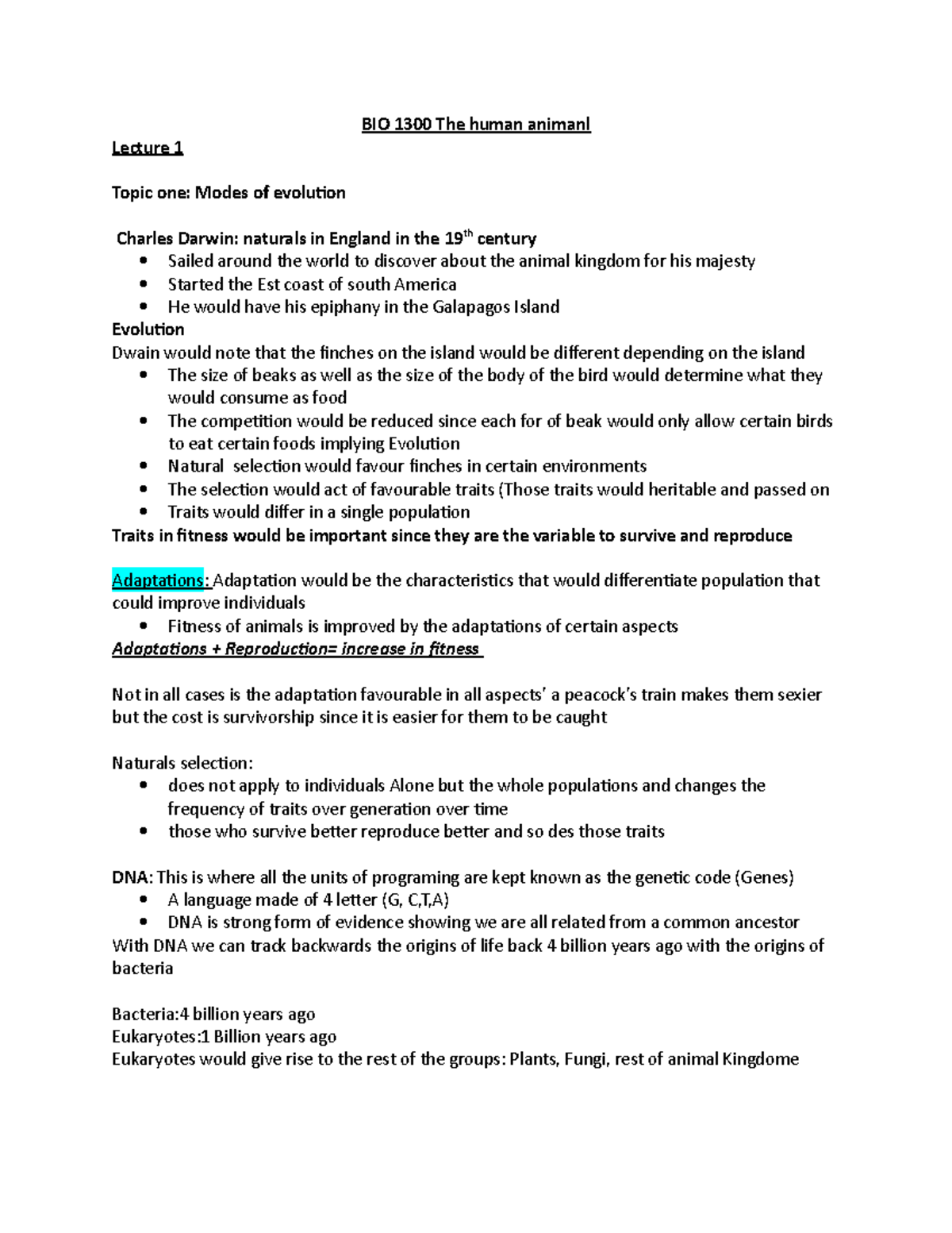 BIO 1300 - Lecture notes Adam brown - BIO 1300 The human animanl ...