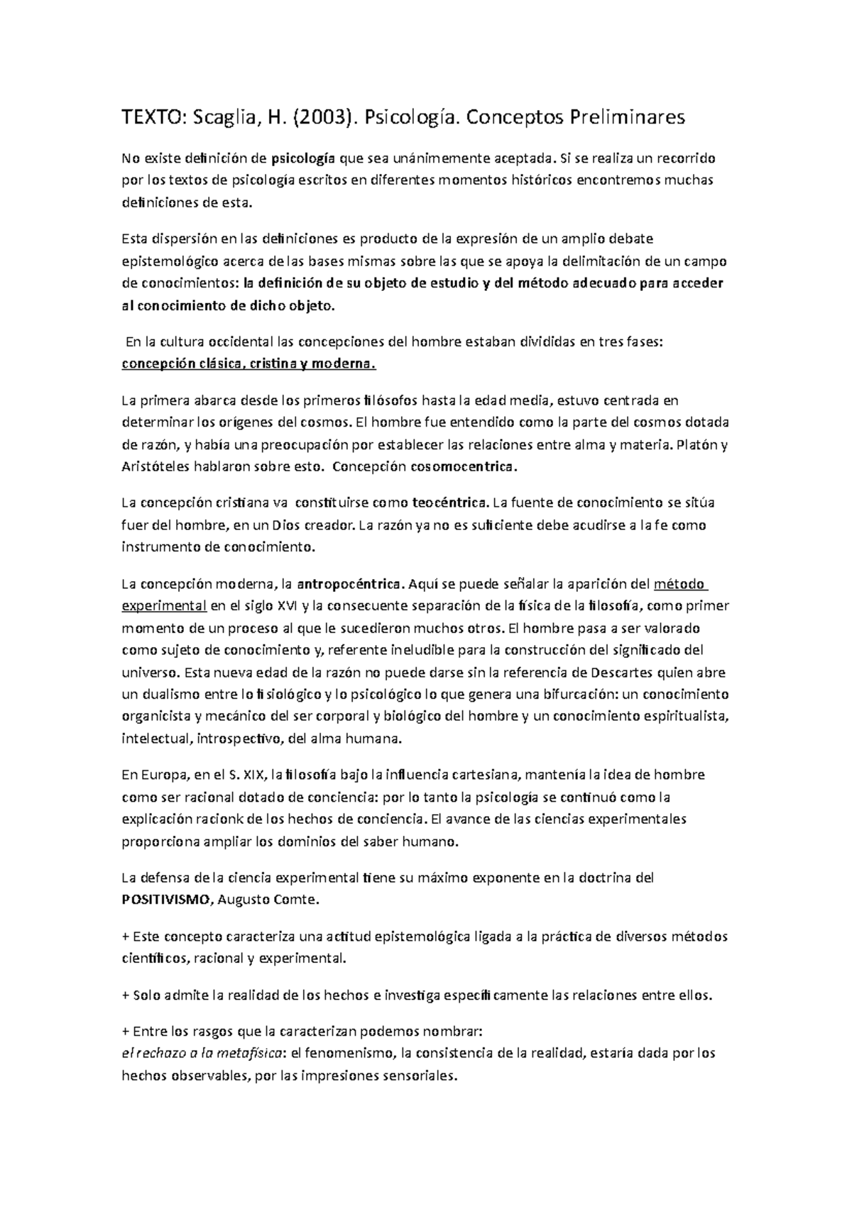 Resumen Texto De Scaglia, Psicología. Conceptos Preliminares. - TEXTO ...