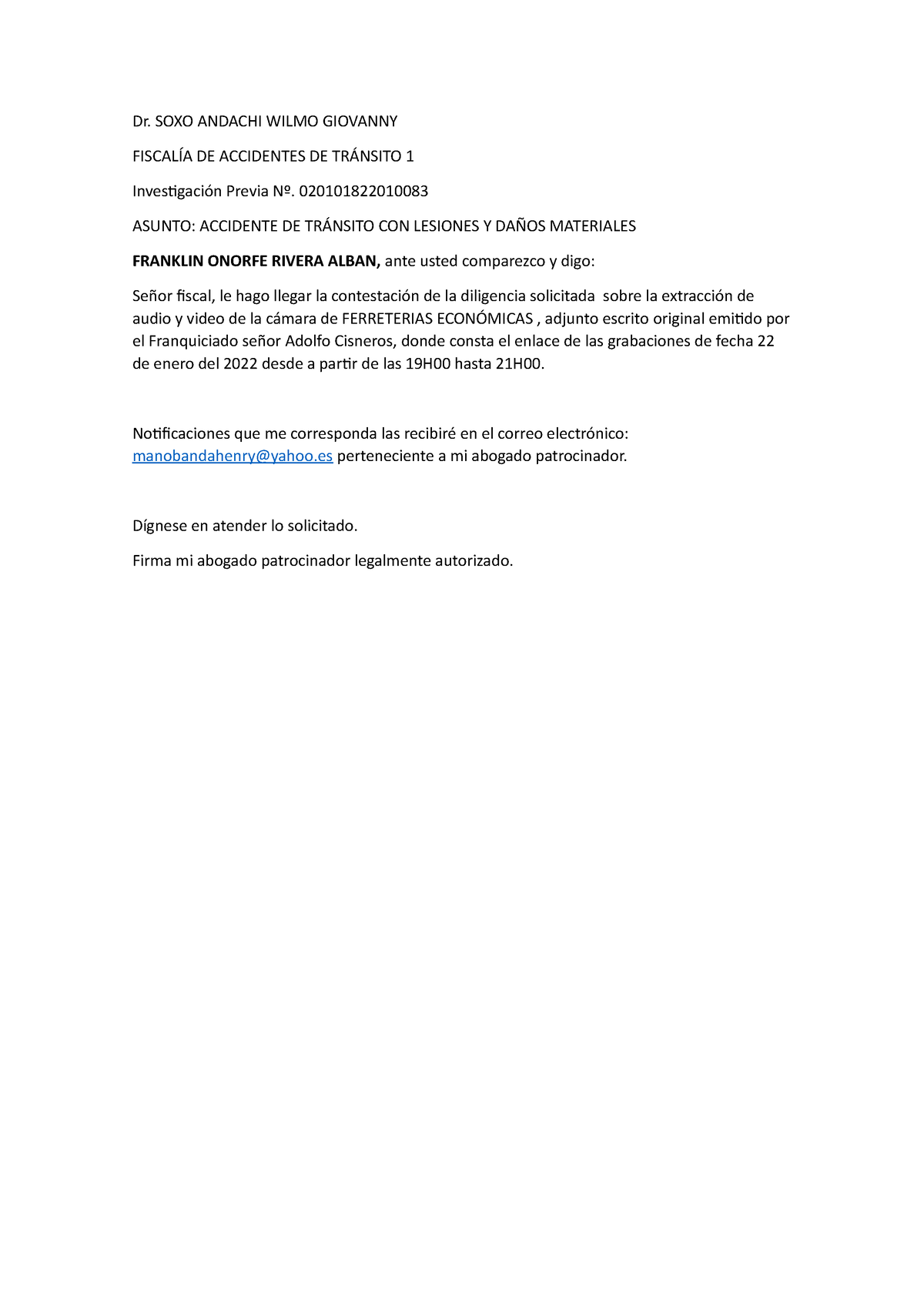 Escrito Para Solicitar Formulacion De Cargos Dr Soxo Andachi Wilmo