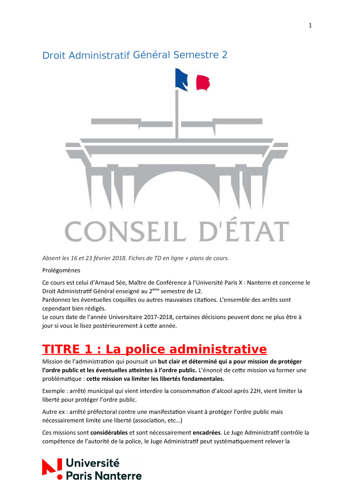 Droit Administratif S2 Droit Administratif Ral Semestre Absent Les 16 Et 23 Vrier 18 Fiches De Td En Ligne Plans De Cours Prol Gom Nes Ce Cours Est Celui Studocu