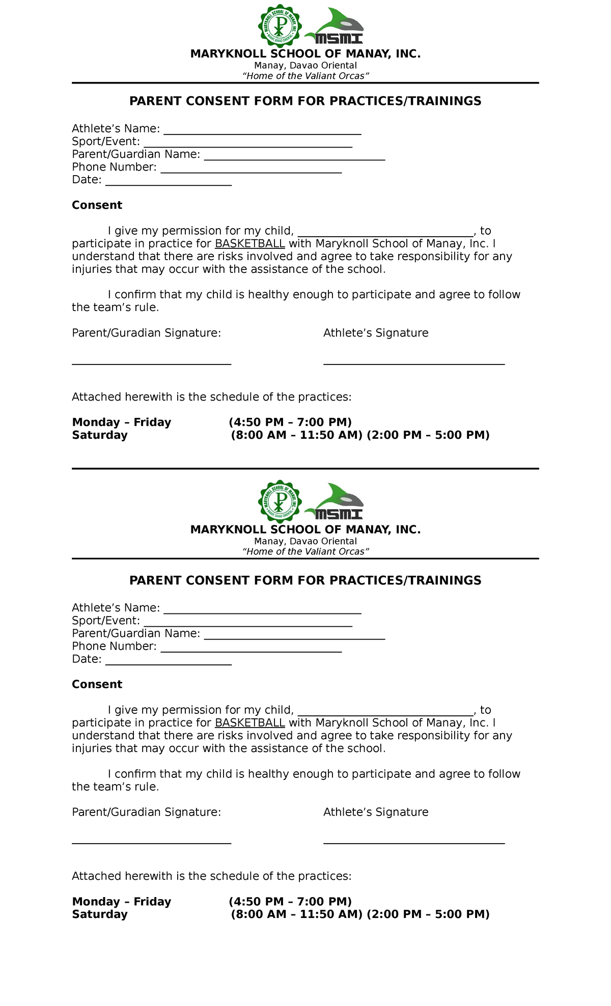 Parent Consent FORM FOR Practices - MARYKNOLL SCHOOL OF MANAY, INC ...
