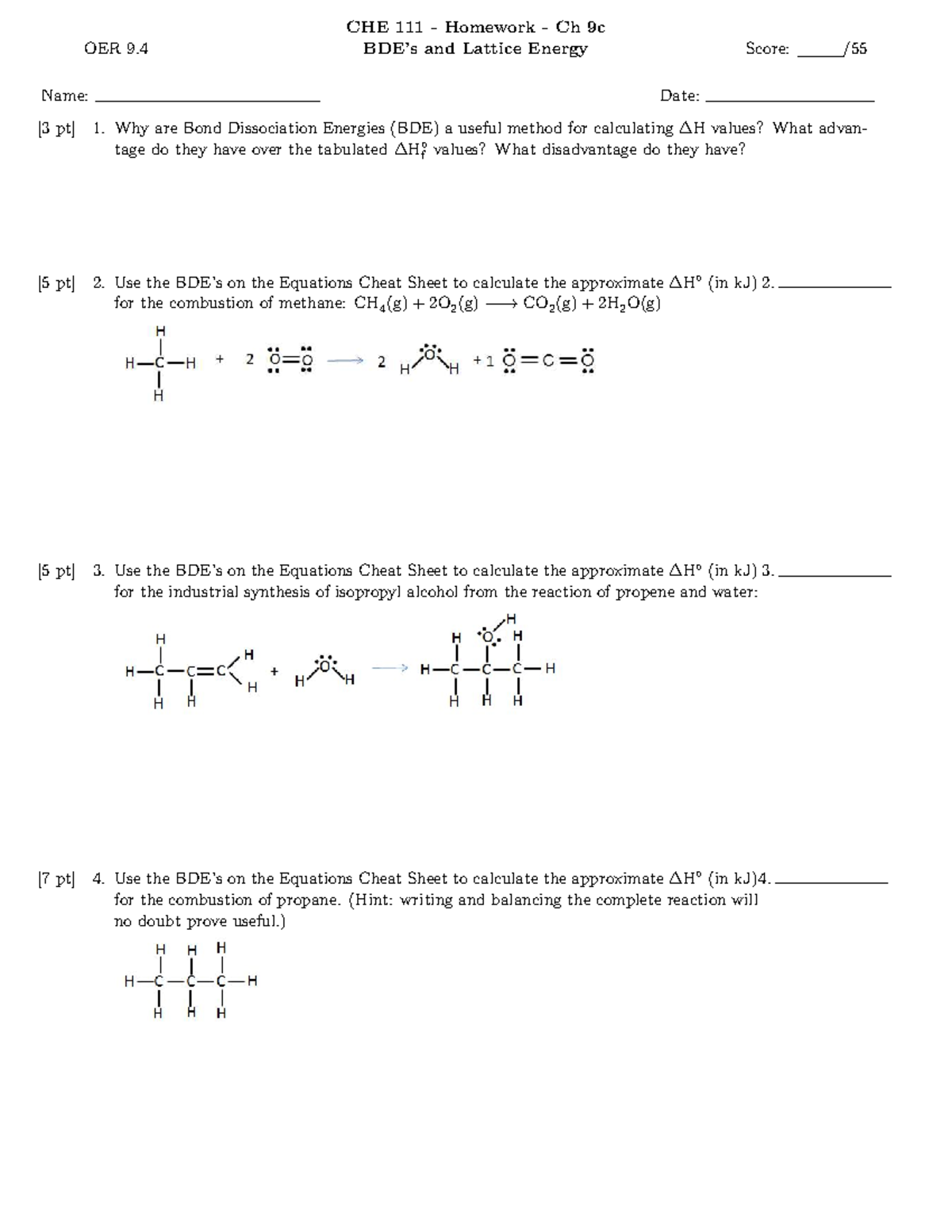 CHE111 HW 9c - practice - OER 9. CHE 111 - Homework - Ch 9c BDE’s and ...