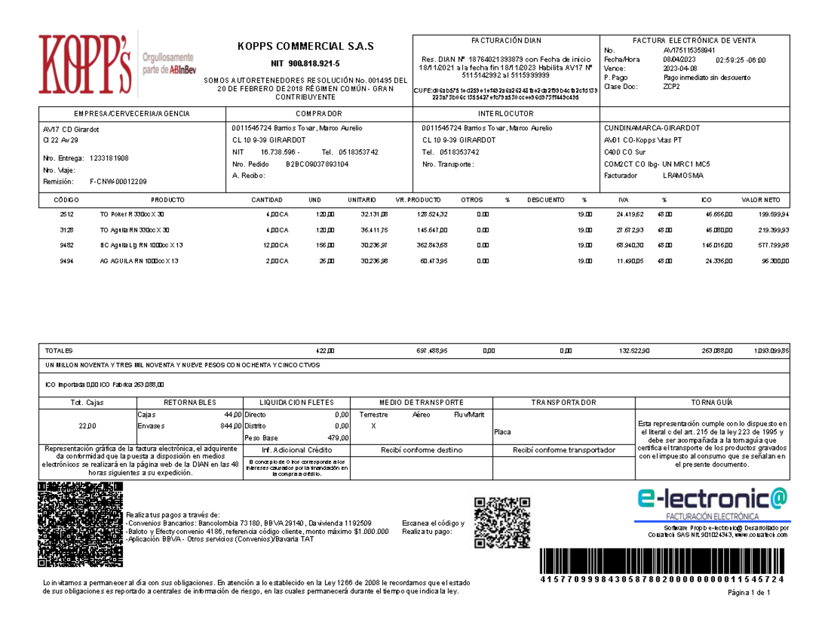 Factura AV175115358941 - KOPPS COMMERCIAL S.A NIT 900.818- SOMOS ...