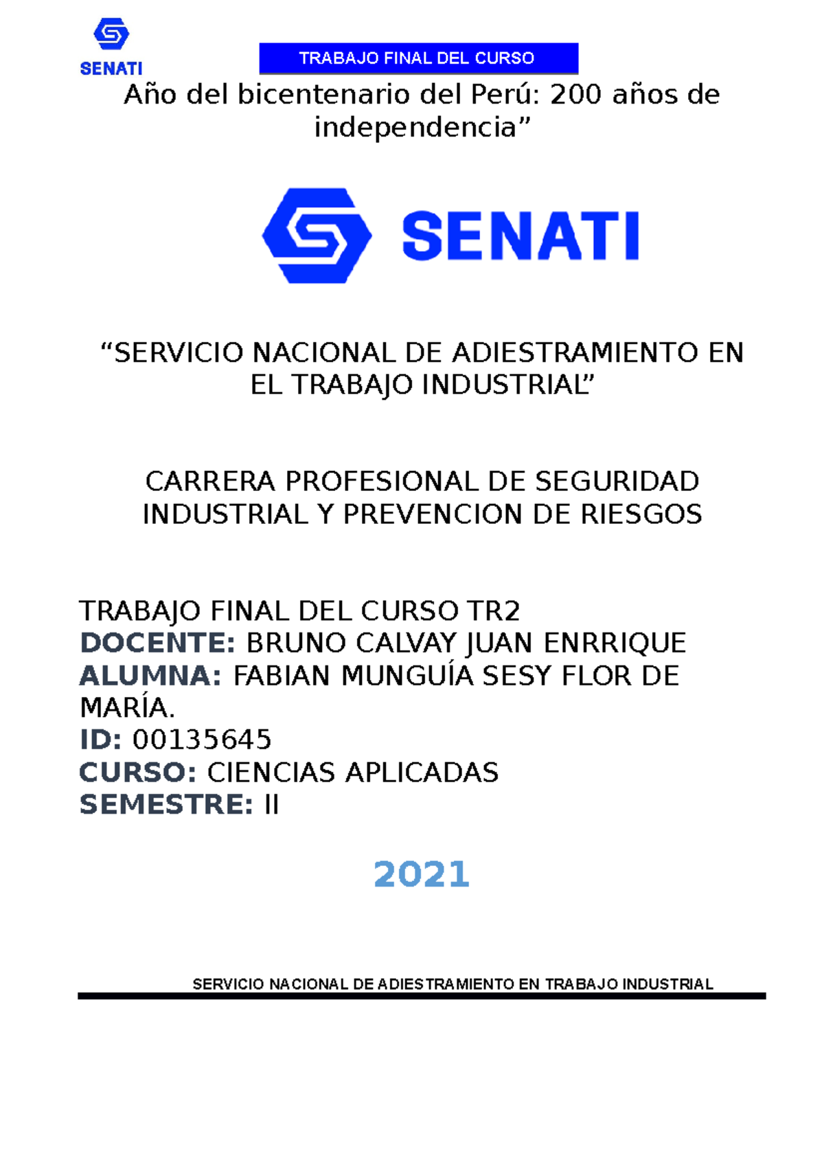 Trabajo Final DE Ciencias Aplicadas TR2 - Año Del Bicentenario Del Perú ...