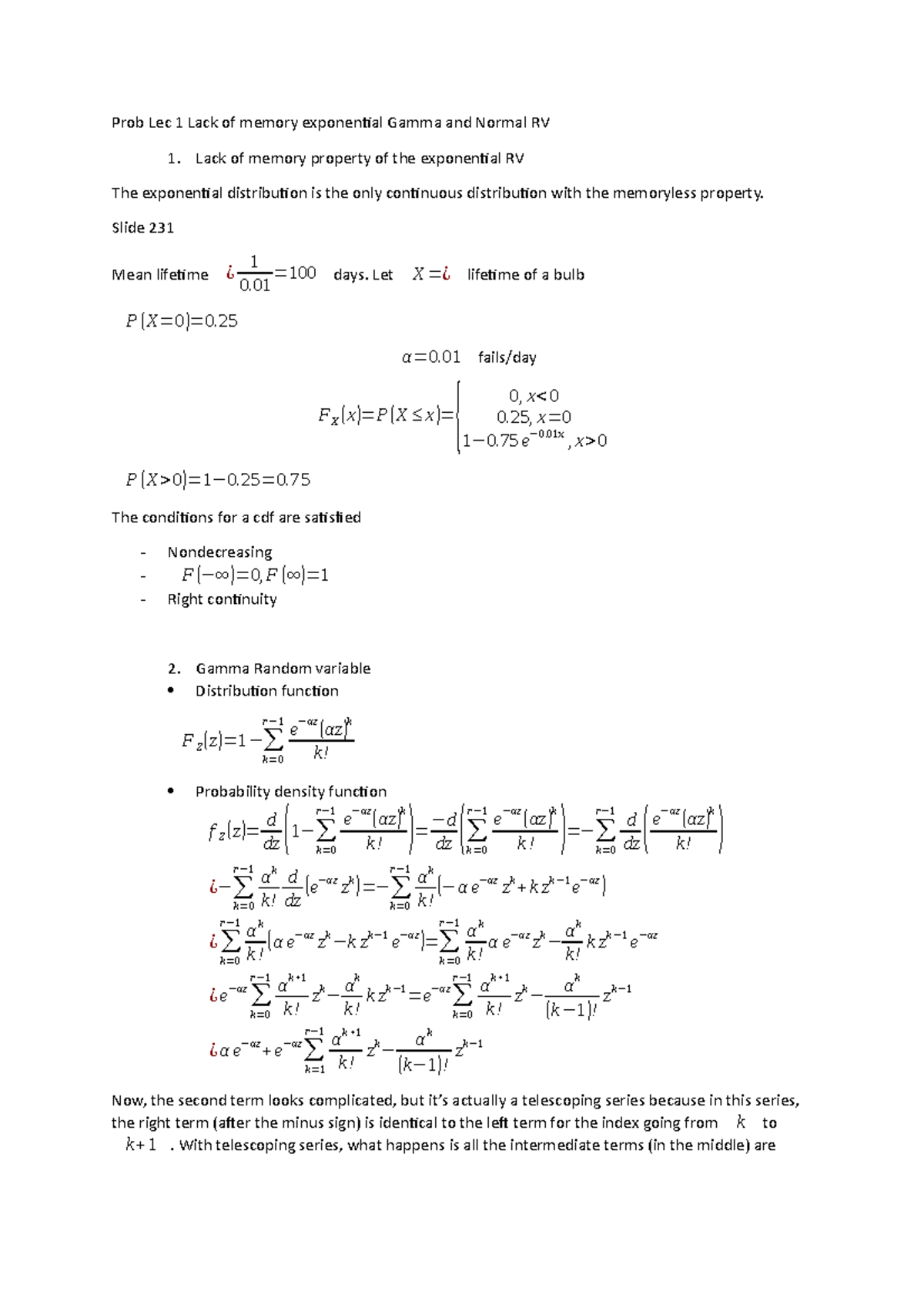 Prob Lec 1 Lack of memory exponential Gamma and Normal RV - Slide 231 ...