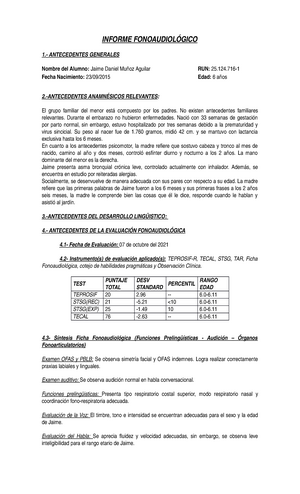 Informe Fonoaudiologico trastorno fonoaudiologico infantil - INFORME  FONOAUDIOLÓGICO  - Studocu