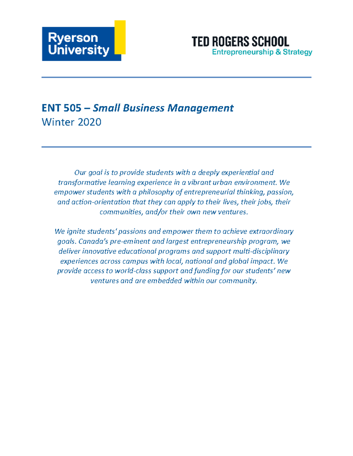 ENT 505 Outline - W 2020 - ENT 505 – Small Business Management Winter ...