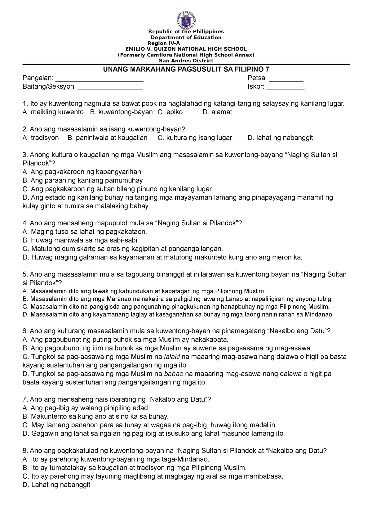 Pagsusulit Sa Filipino 7 Q1 Kuwentong Bayan Unang Pagsusulit Sa - Free ...