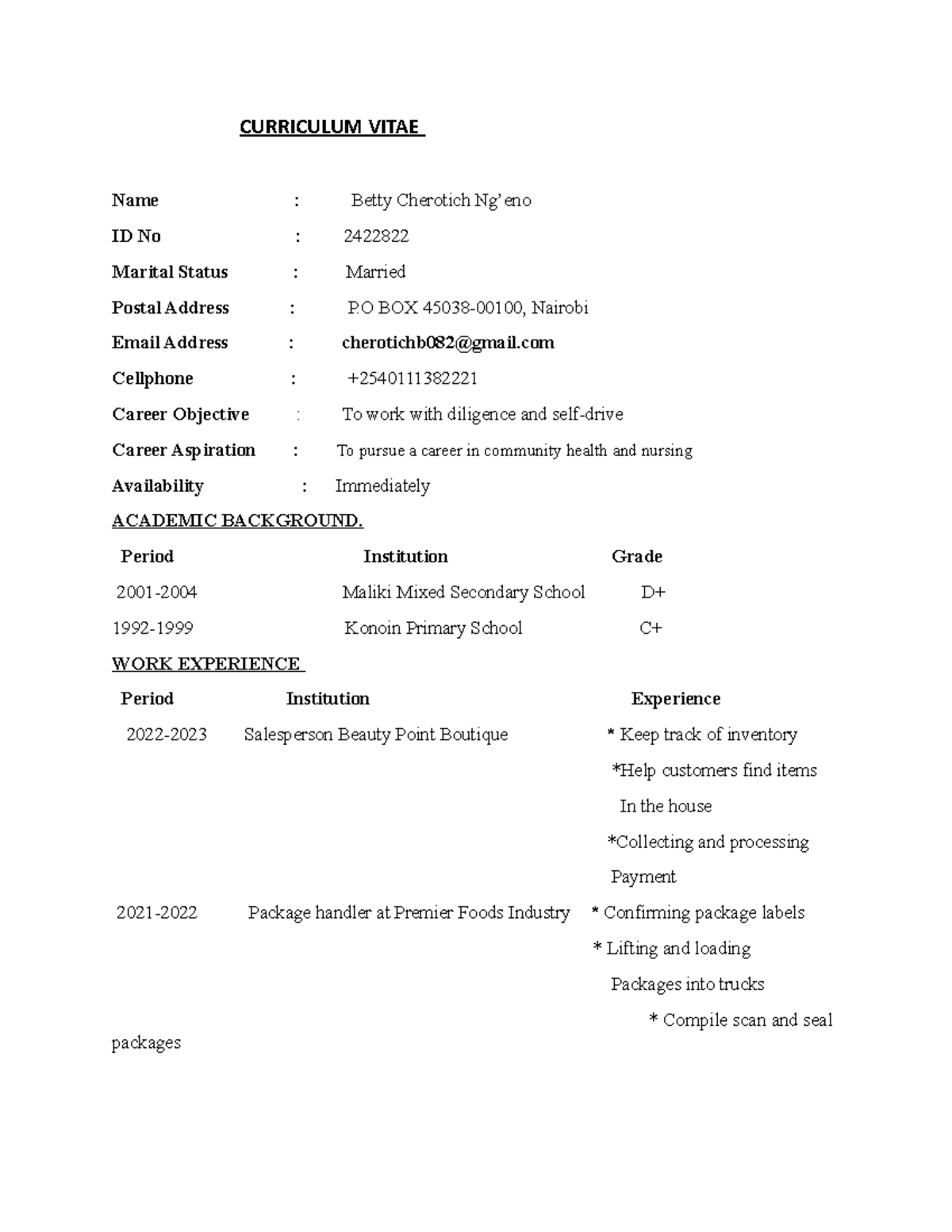 DOC-20230608-WA0006 - GJGJGJGJ - CURRICULUM VITAE Name : Betty ...