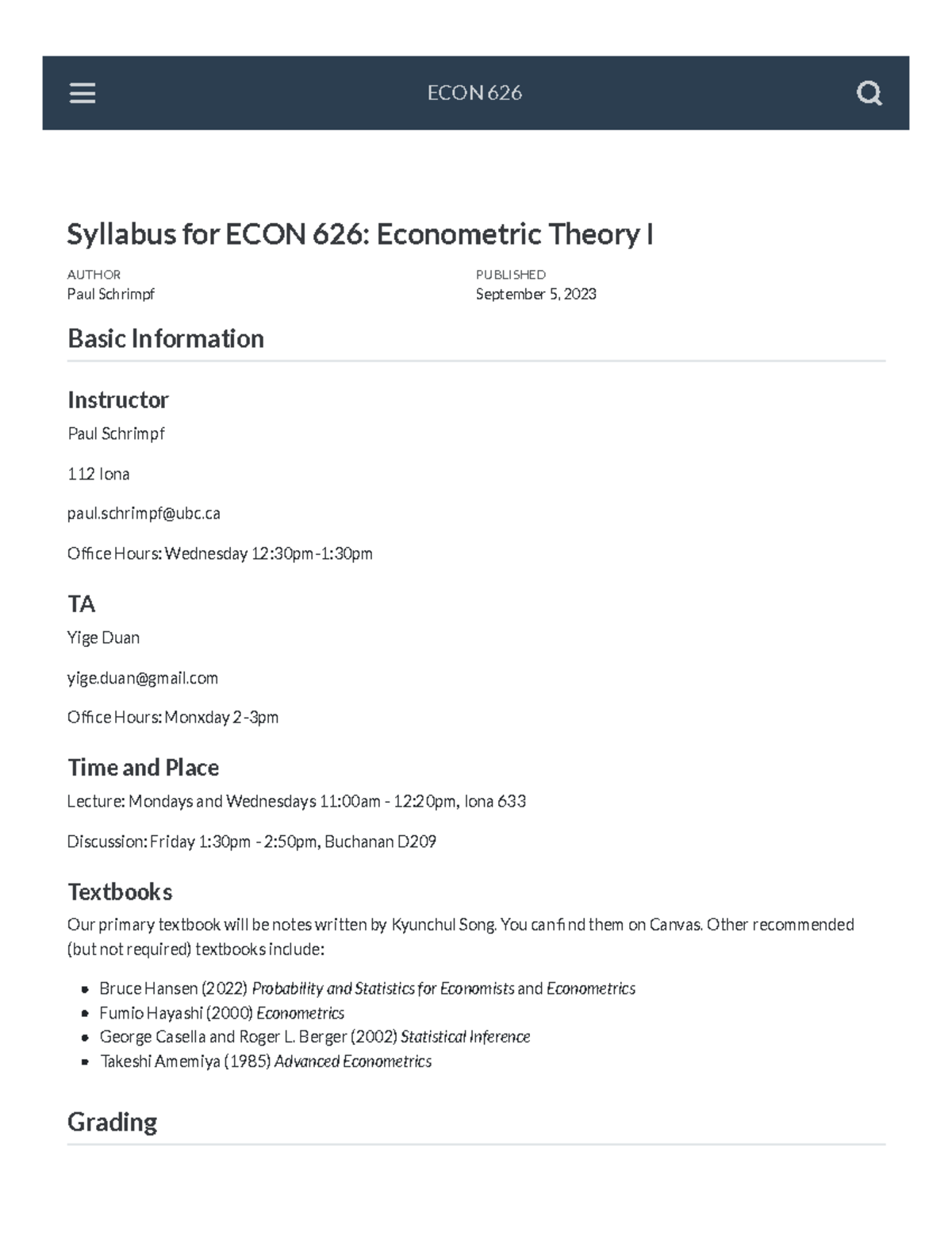 ECON 626 - Syllabus for ECON 626 Econometric Theory I - Paul Schrimpf ...