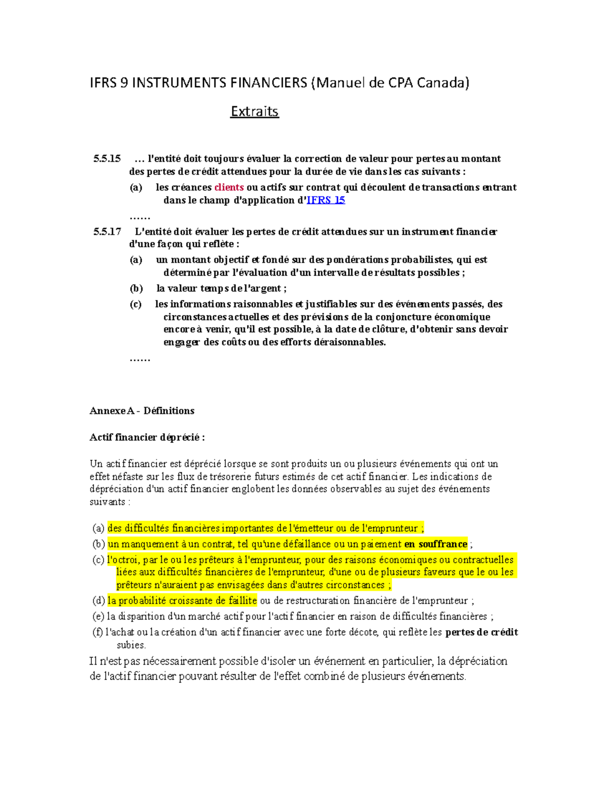 IFRS 9 Instruments Financiers extraits - IFRS 9 INSTRUMENTS FINANCIERS ...