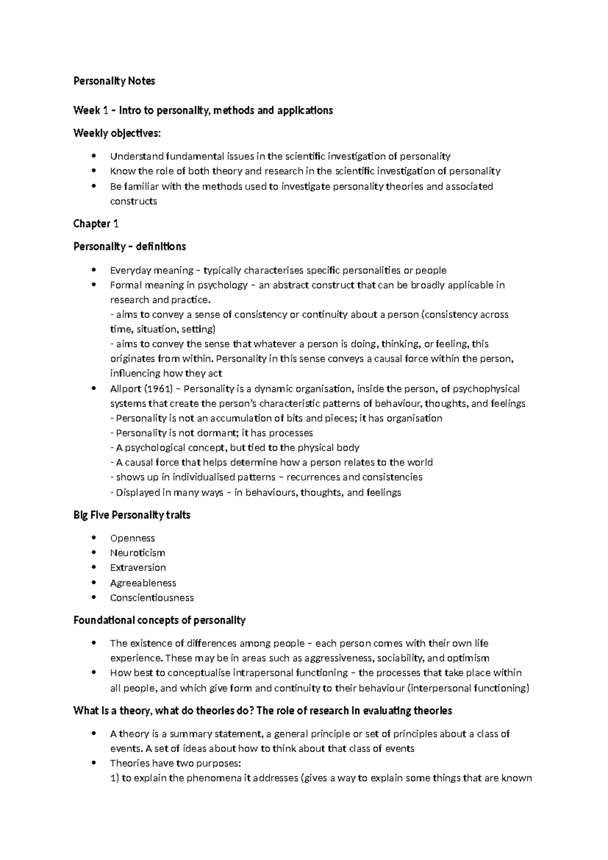 Personality Content Notes - Week 1 - Personality Notes Week 1 – Intro ...