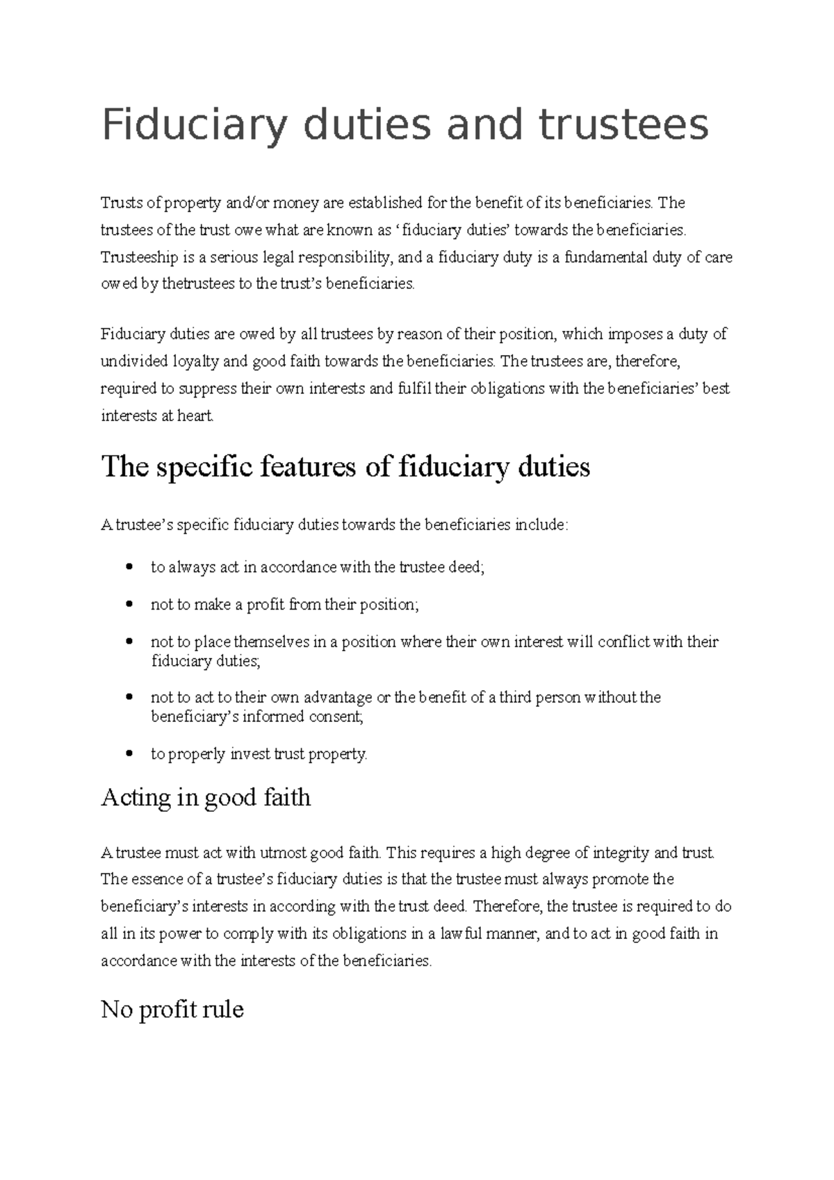 Fiduciary Duties and Trustees in Trusts of Property Money - Studocu
