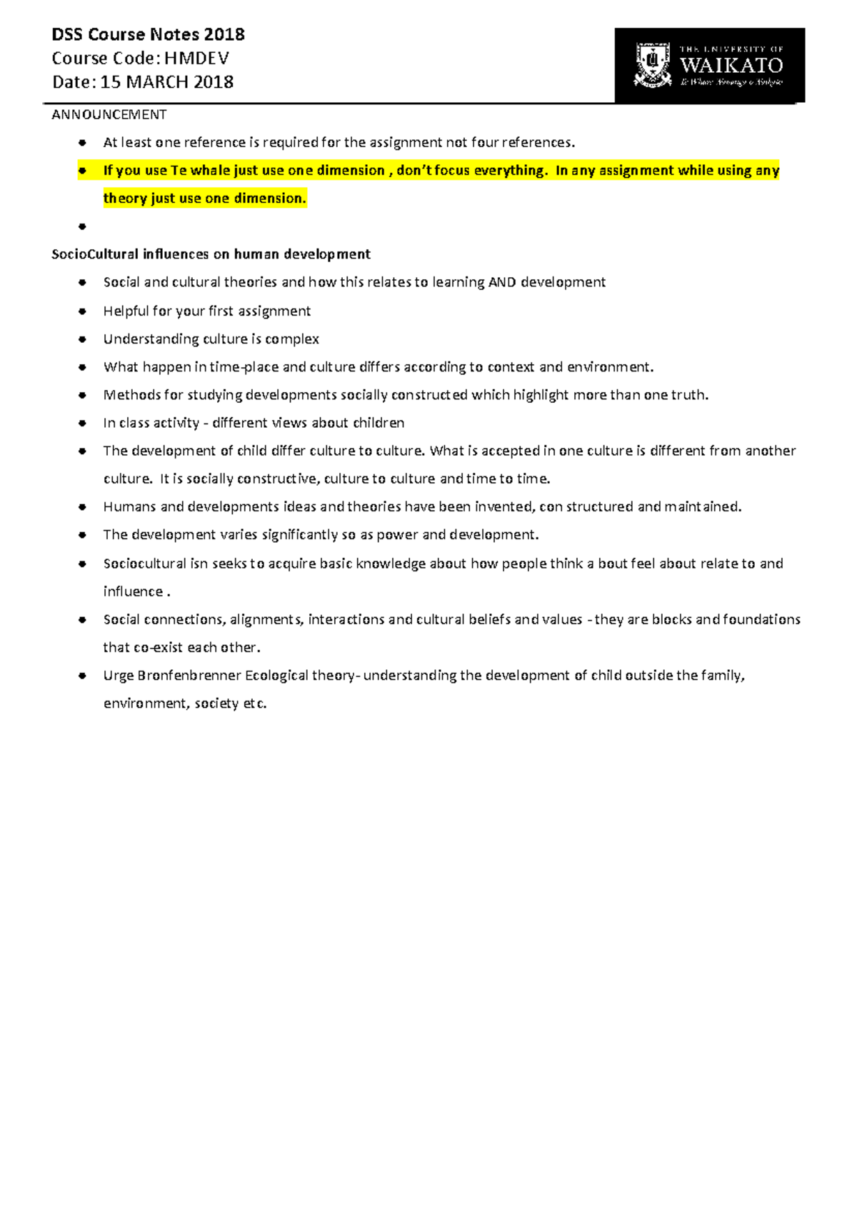 Hmdev 100, 15 March 2018 - DSS Course Notes 2018 Course Code: HMDEV ...