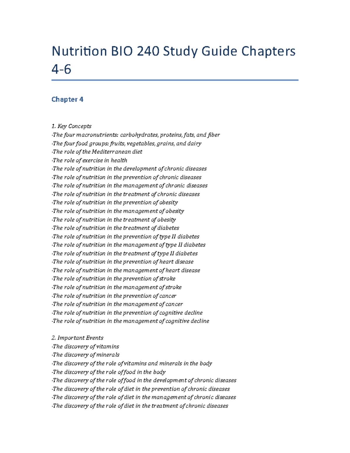 Nutrition BIO 240 Study Guide Chapters 46 Nutrition BIO 240 Study