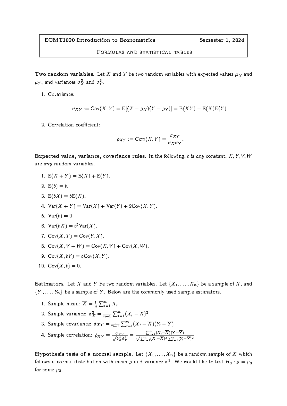 FINAL EXAM FORMULA SHEET - ECMT1020 Introduction to Econometrics ...