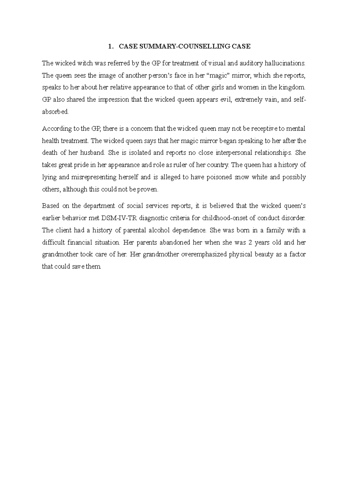 Write a case history using the case provided 1. CASE SUMMARY