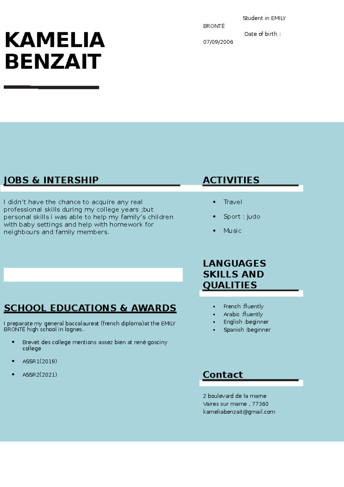Devoir anglais KAMELIA BENZAIT Student in EMILY BRONTË Date of birth
