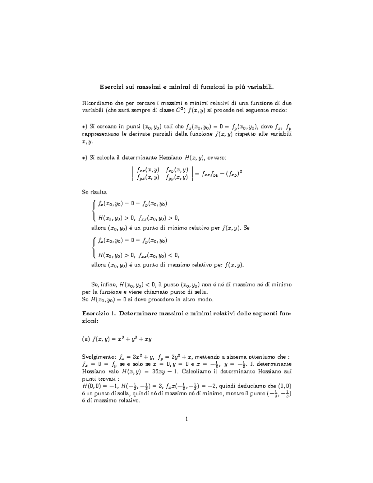 Esercizi Svolti Matematica Ii Massimi E Minimi Di Funzioni In Piu Variabili A A 15 16 Studocu