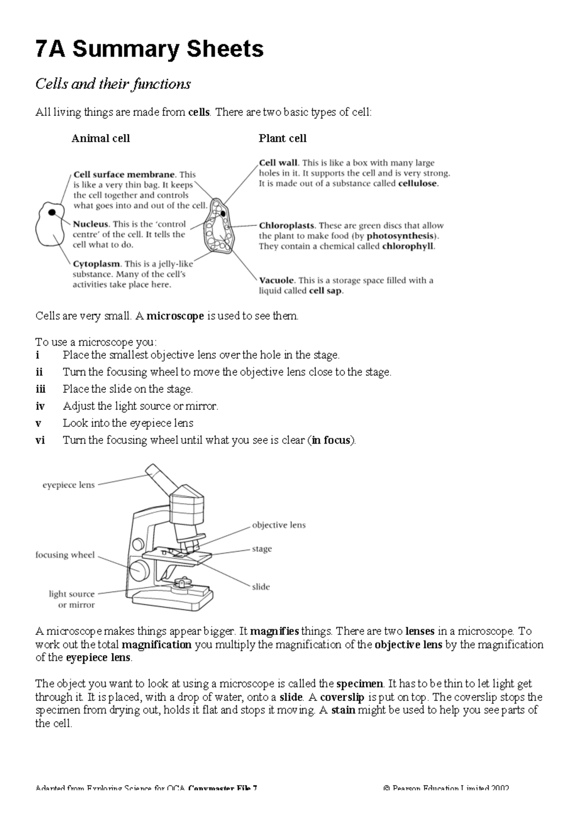 390461125 science revision yr7 pdf - 7A Summary Sheets Cells and their ...