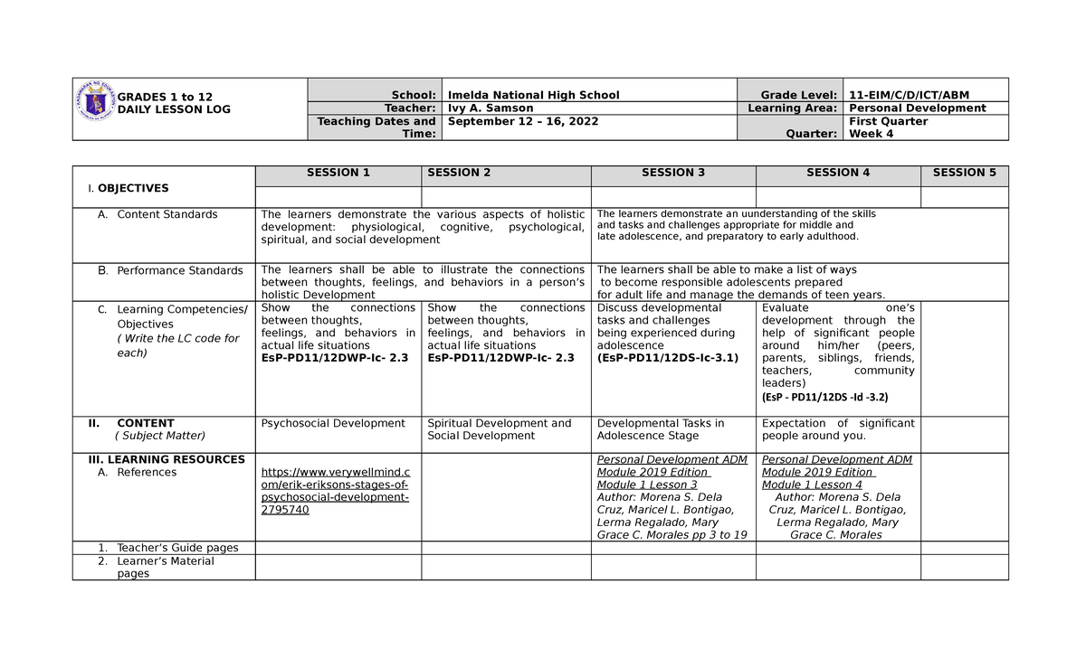 Dll- Perdev Q1 W4 Samson - Grades 1 To 12 Daily Lesson Log School 
