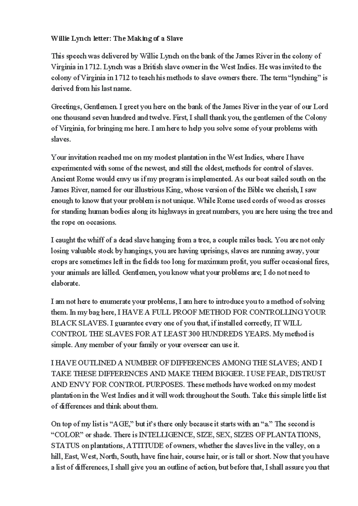 The Willie Lynch Letter Pdf: Its Impact On American Society - 9xxwlhl