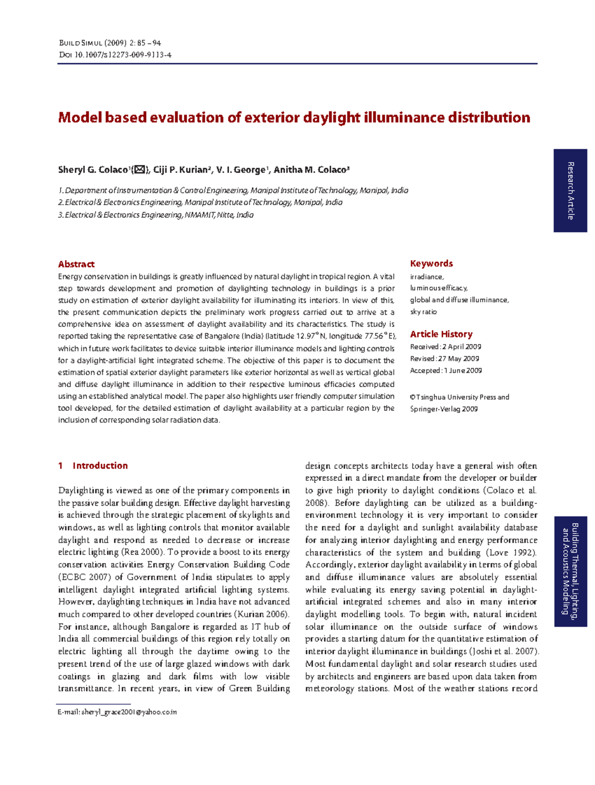 Model based evaluation of exterior dayli research article building