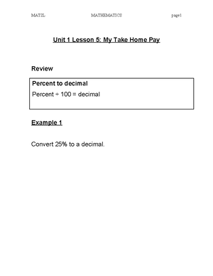 MAT 2L Unit 1 Lesson 5 My take home pay ans - Unit 1 Lesson 5: My Take ...