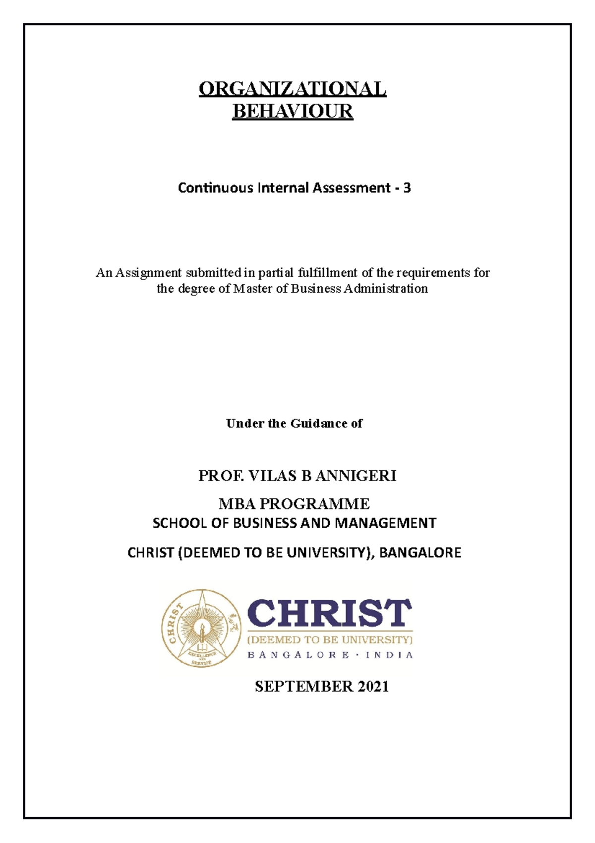  OBCIA3 Organisational behaviour cia3 ORGANIZATIONAL BEHAVIOUR