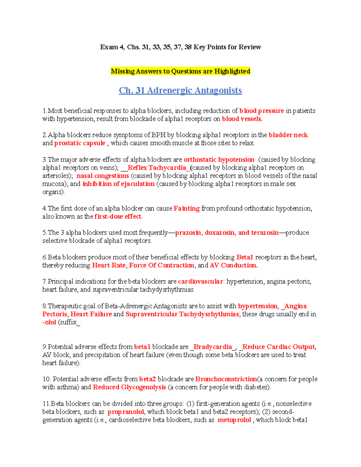 EXAM 4 Pharm Study Guide - Exam 4, Chs. 31, 33, 35, 37, 38 Key Points ...