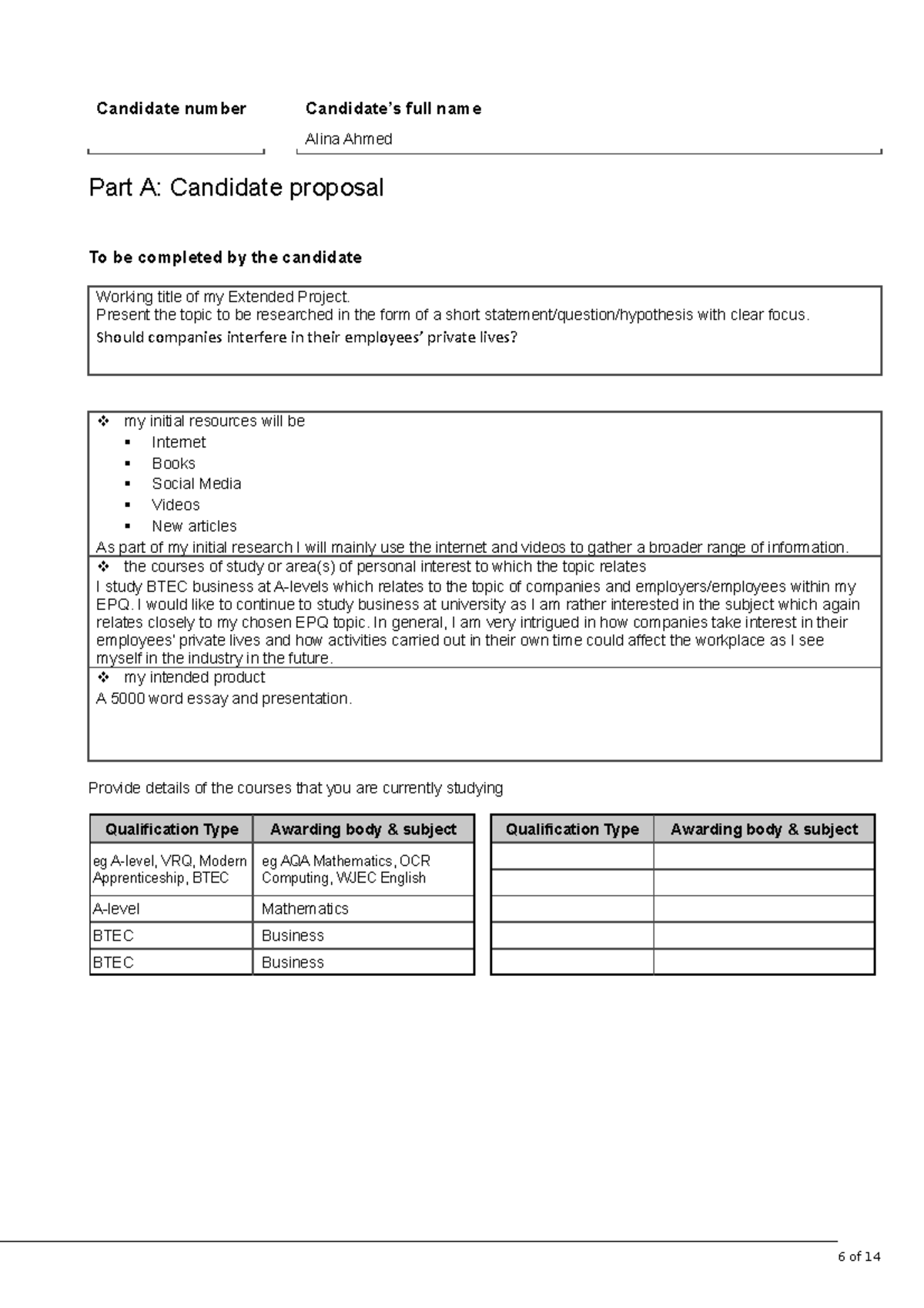 Epq Candidate Proposal Example