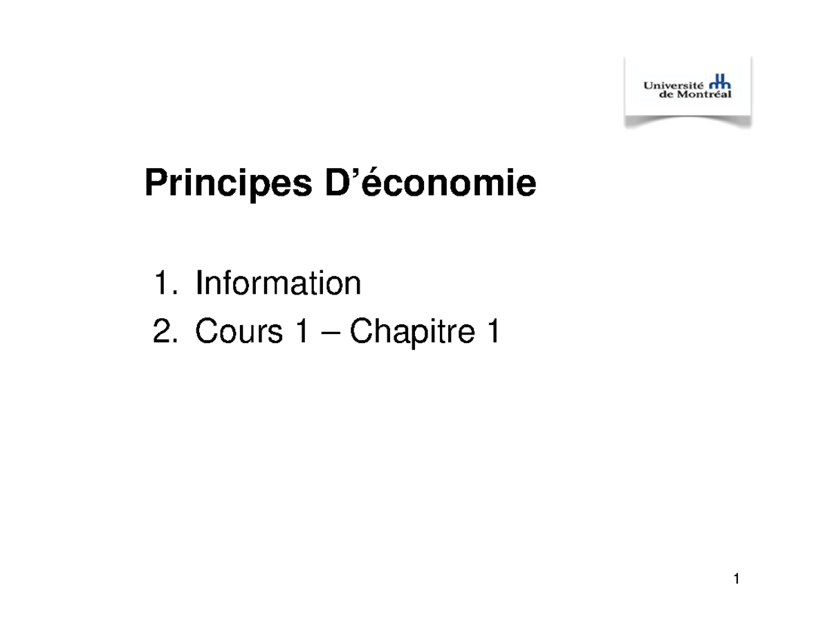 Chapitre 1 - Note De Cours - 1 Principes D’économie Information Cours 1 ...