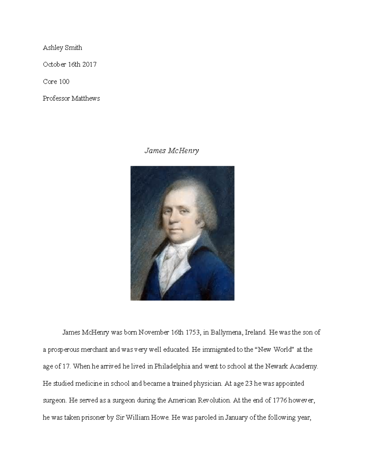James McHenry Summary - Ashley Smith October 16th 2017 Core 100 ...