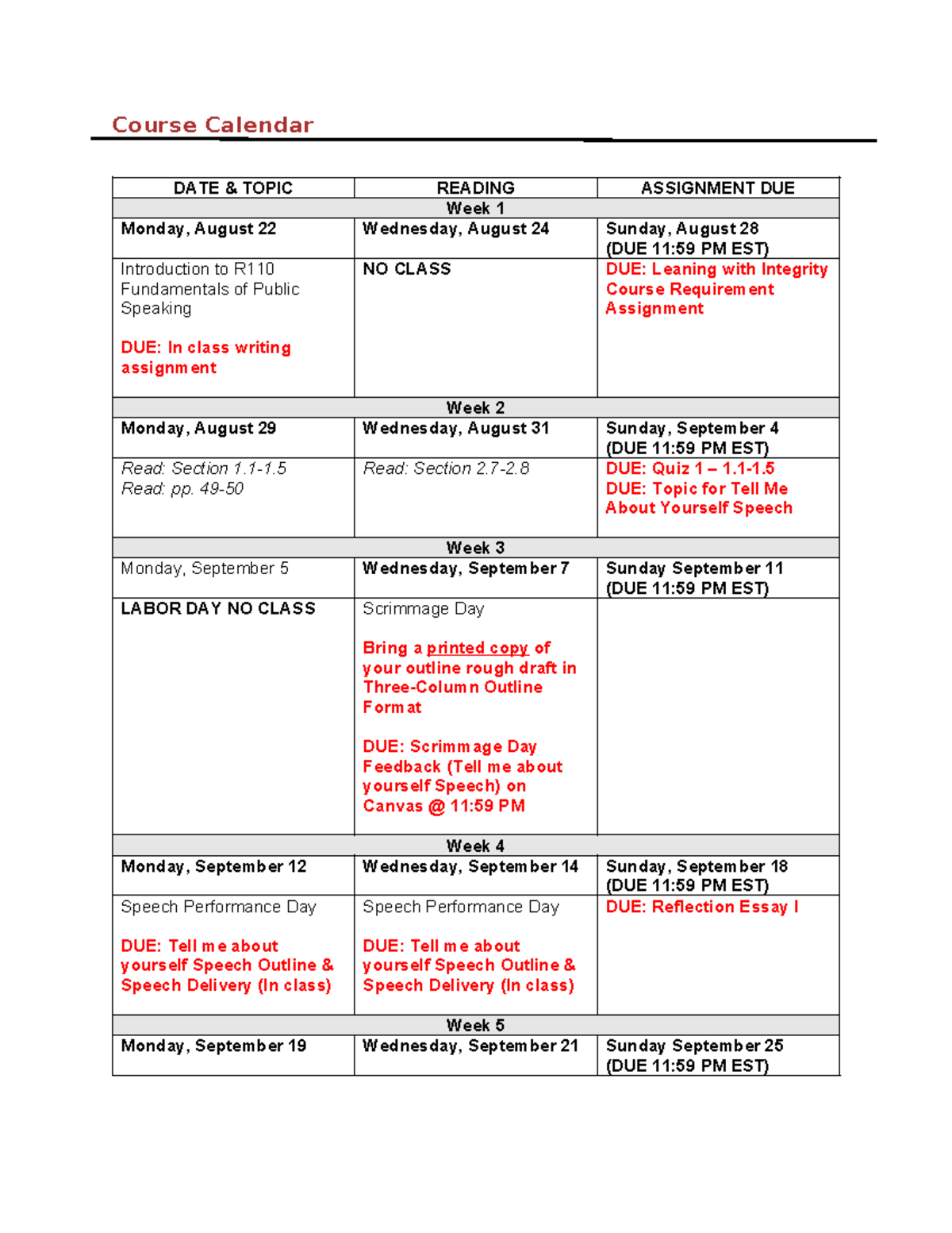 R110 Fall 2022 Course Calendar - Course Calendar DATE & TOPIC READING ...