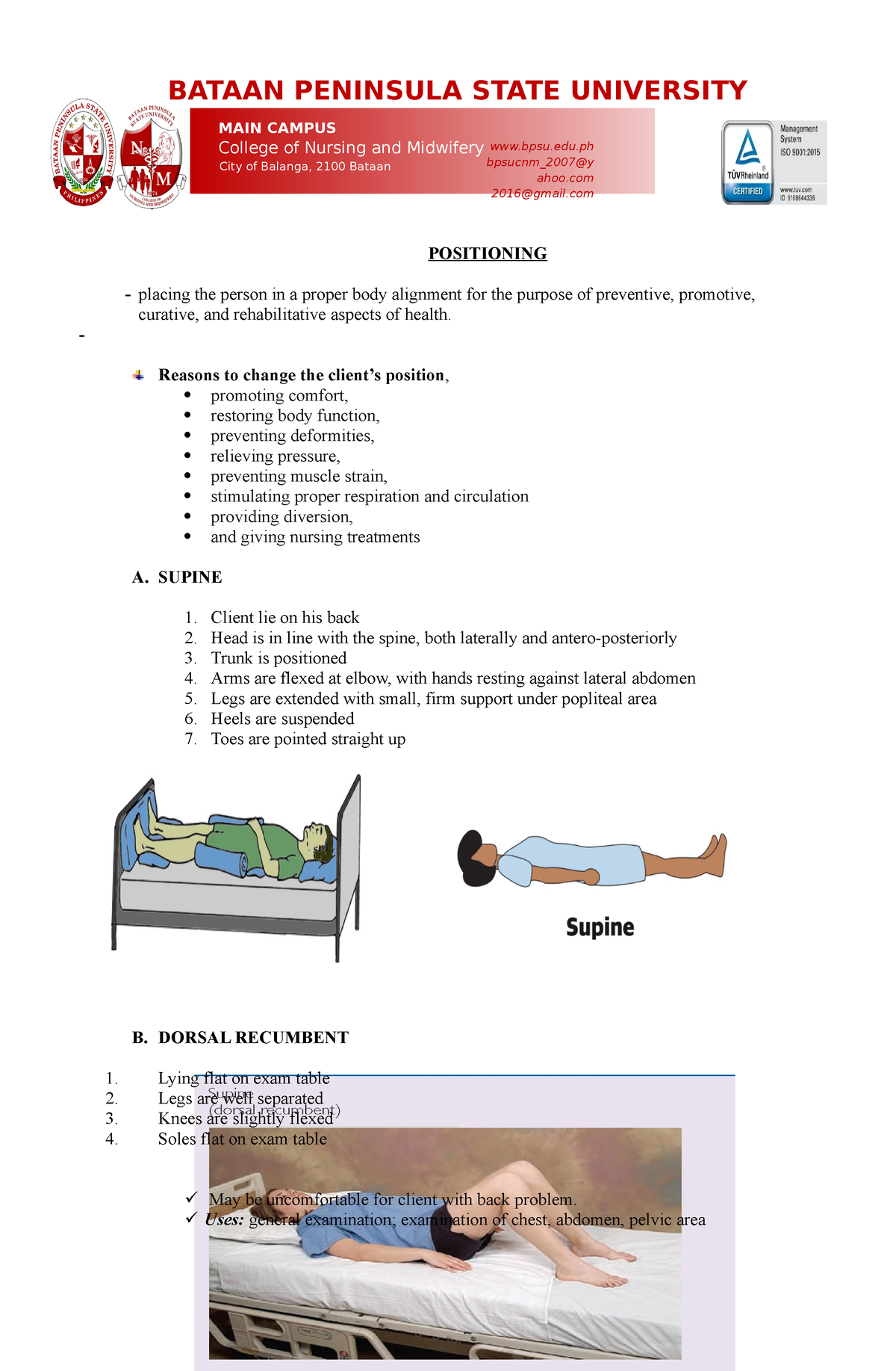 Different Positionings - 1. Supine Position / Dorsal / Horizontal Recumbent  :-  Patient lies Flat - Studocu