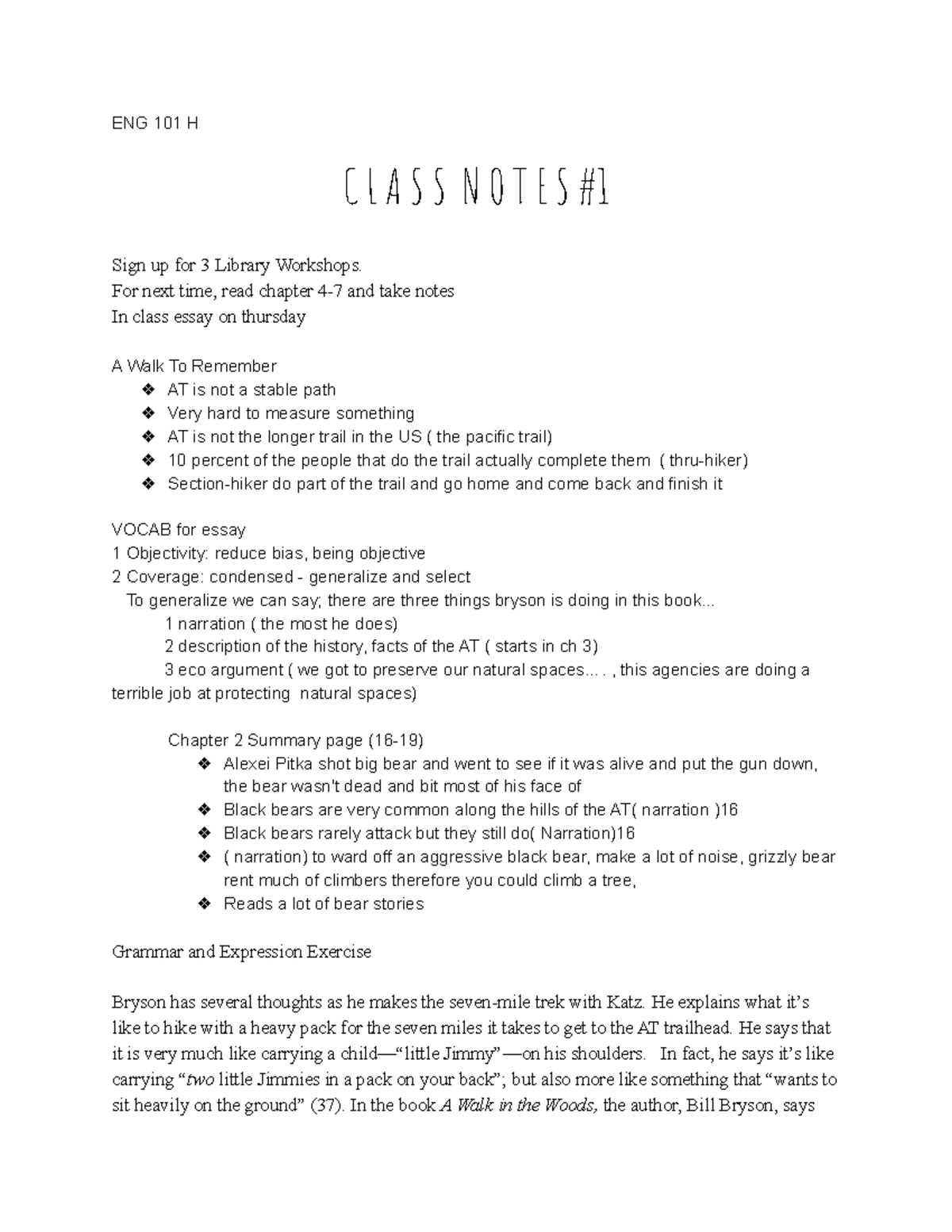ENG 101 H - class notes - ENG 101 H C L A S S N O T E S Sign up for 3 ...