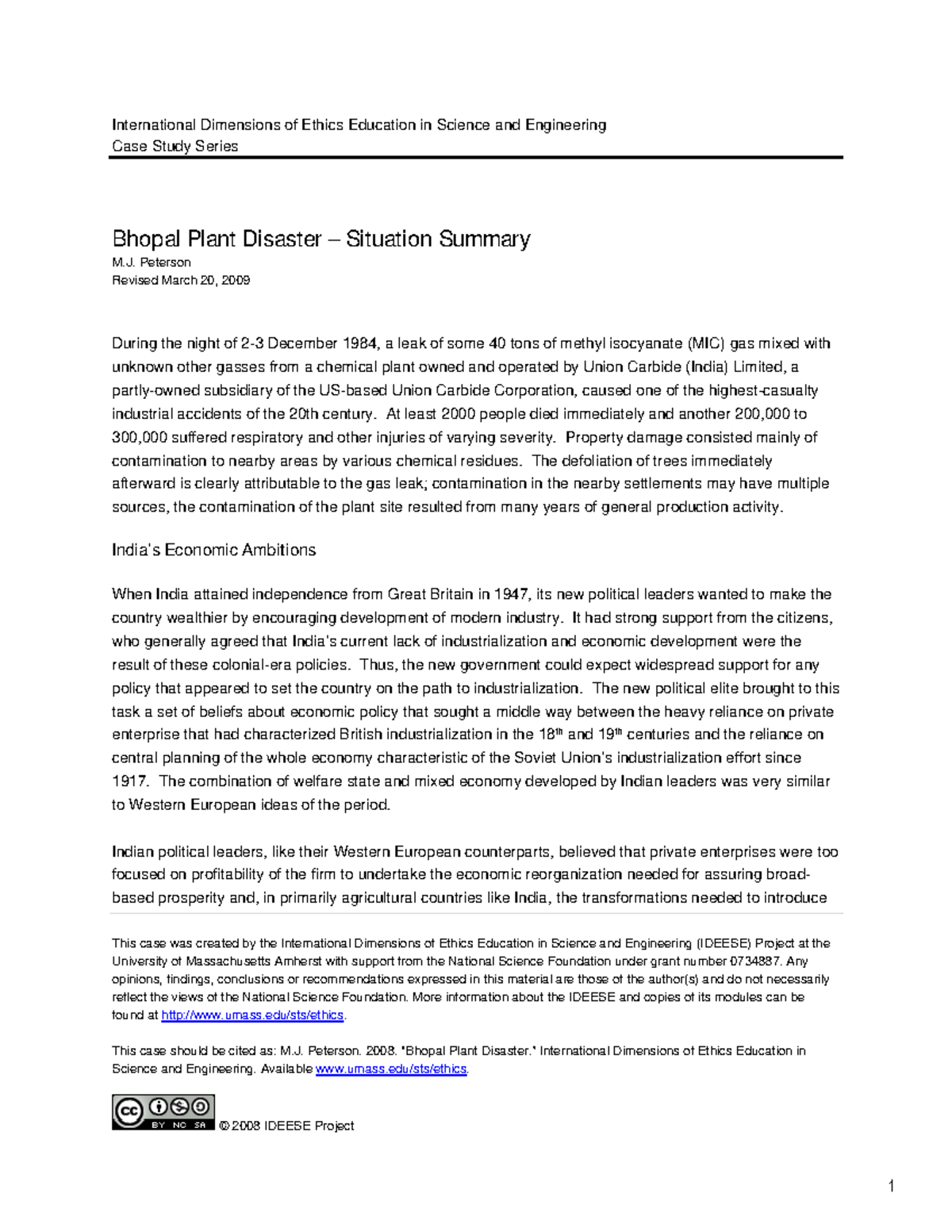 Bhopal Summary This case was created by the International Dimensions