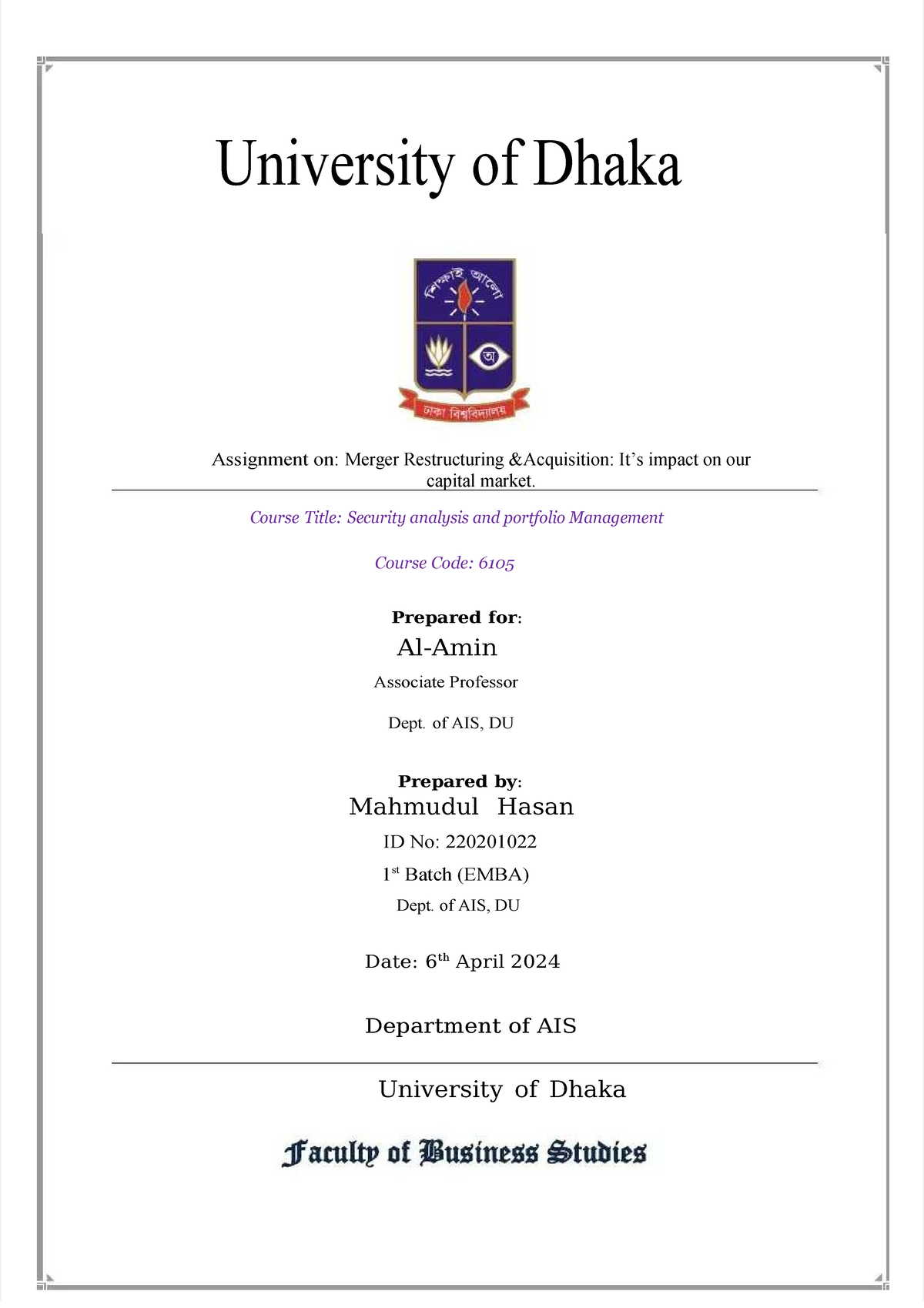 DU assignment cover page Audit 2 - Audit and assurance - University of ...