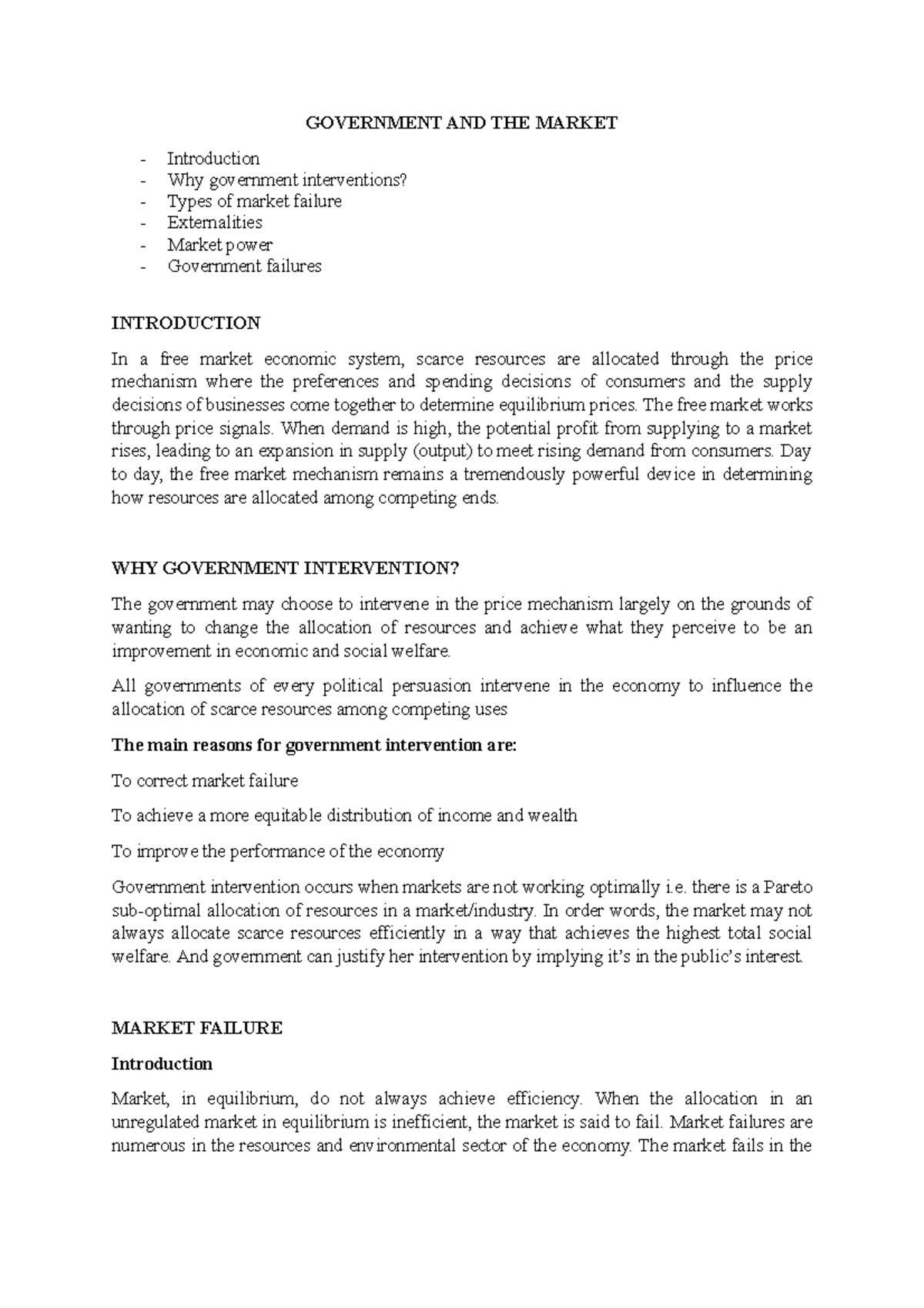 Govt and the market - GOVERNMENT AND THE MARKET Introduction Why ...